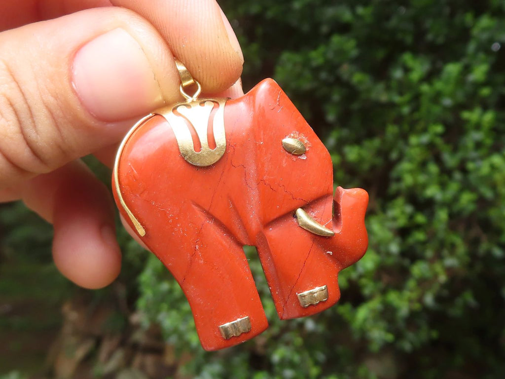Polished Red Jasper Elephant Pendant with Gold Bail and Trim - Sold Per Item - From South Africa - Toprock Gemstones and Minerals 