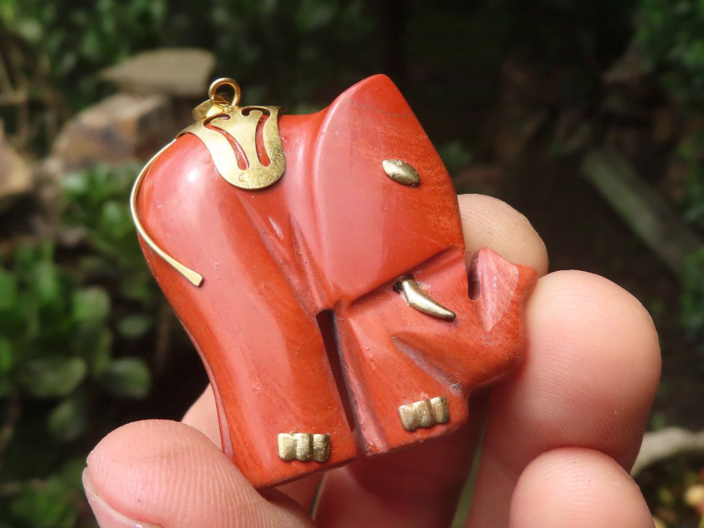 Polished Red Jasper Elephant Pendant with Gold Bail and Trim - Sold Per Item - From South Africa - Toprock Gemstones and Minerals 