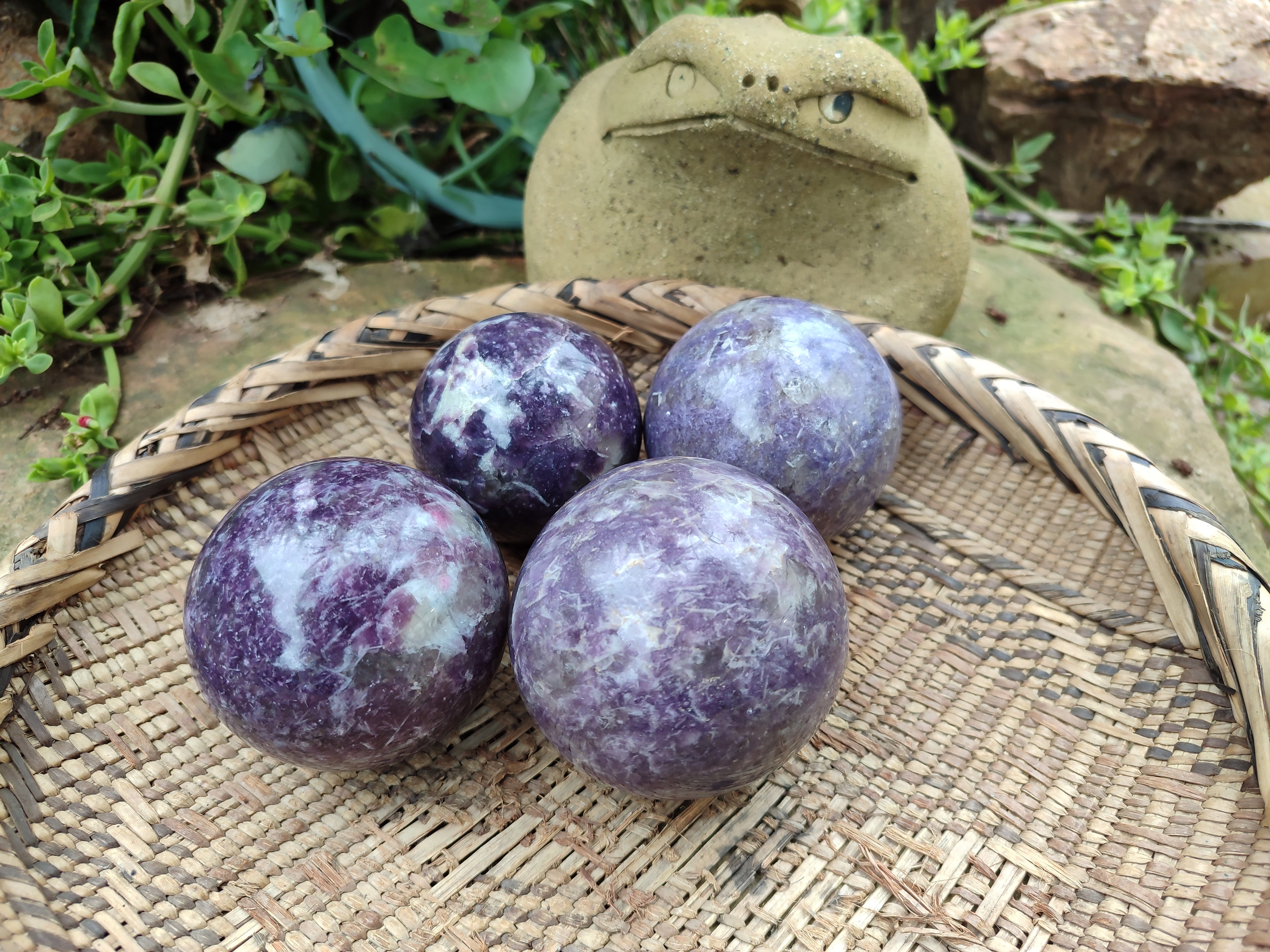 Polished Lepidolite with Pink Rubellite Spheres x 4 From Ambatondrazaka, Madagascar - Toprock Gemstones and Minerals 
