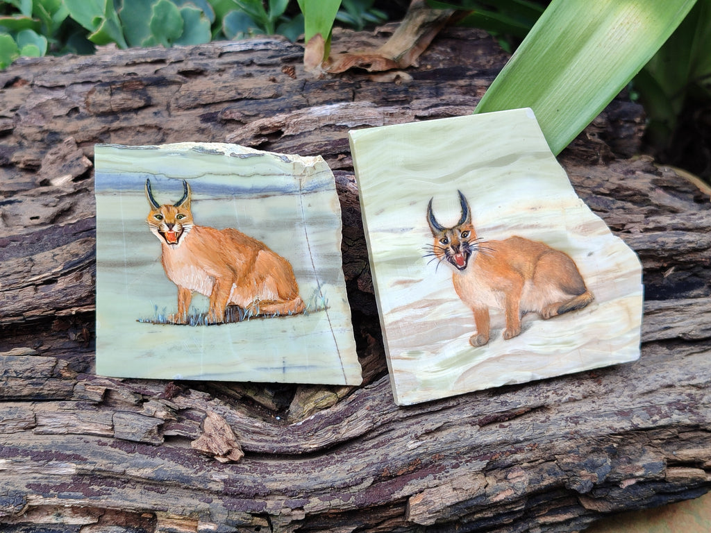 Hand Made Lynx / Caracal Decoupage on Butter Jade Stone Slabs - sold per item - From South Africa - Toprock Gemstones and Minerals 