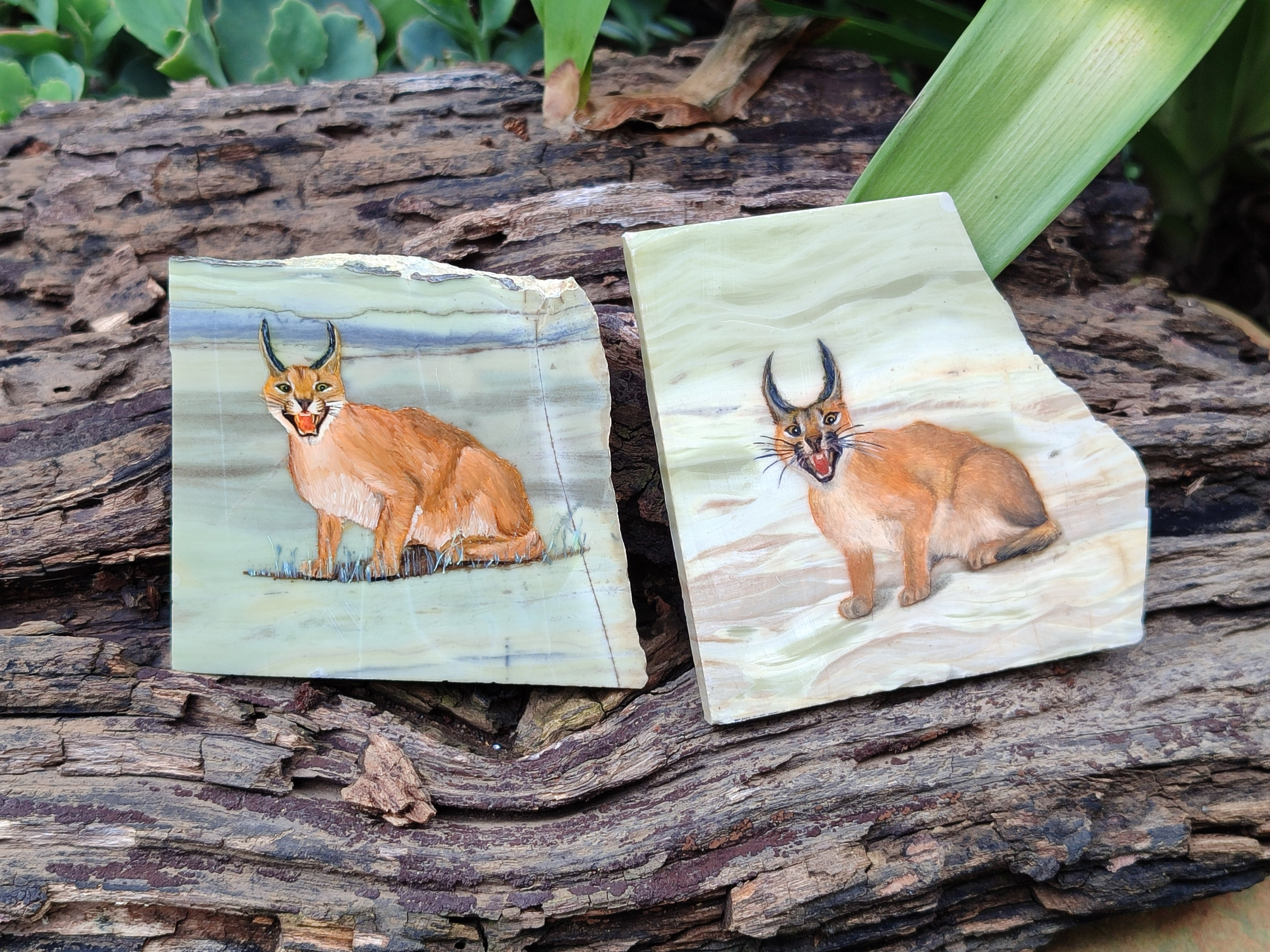 Hand Made Lynx / Caracal Decoupage on Butter Jade Stone Slabs - sold per item - From South Africa - Toprock Gemstones and Minerals 