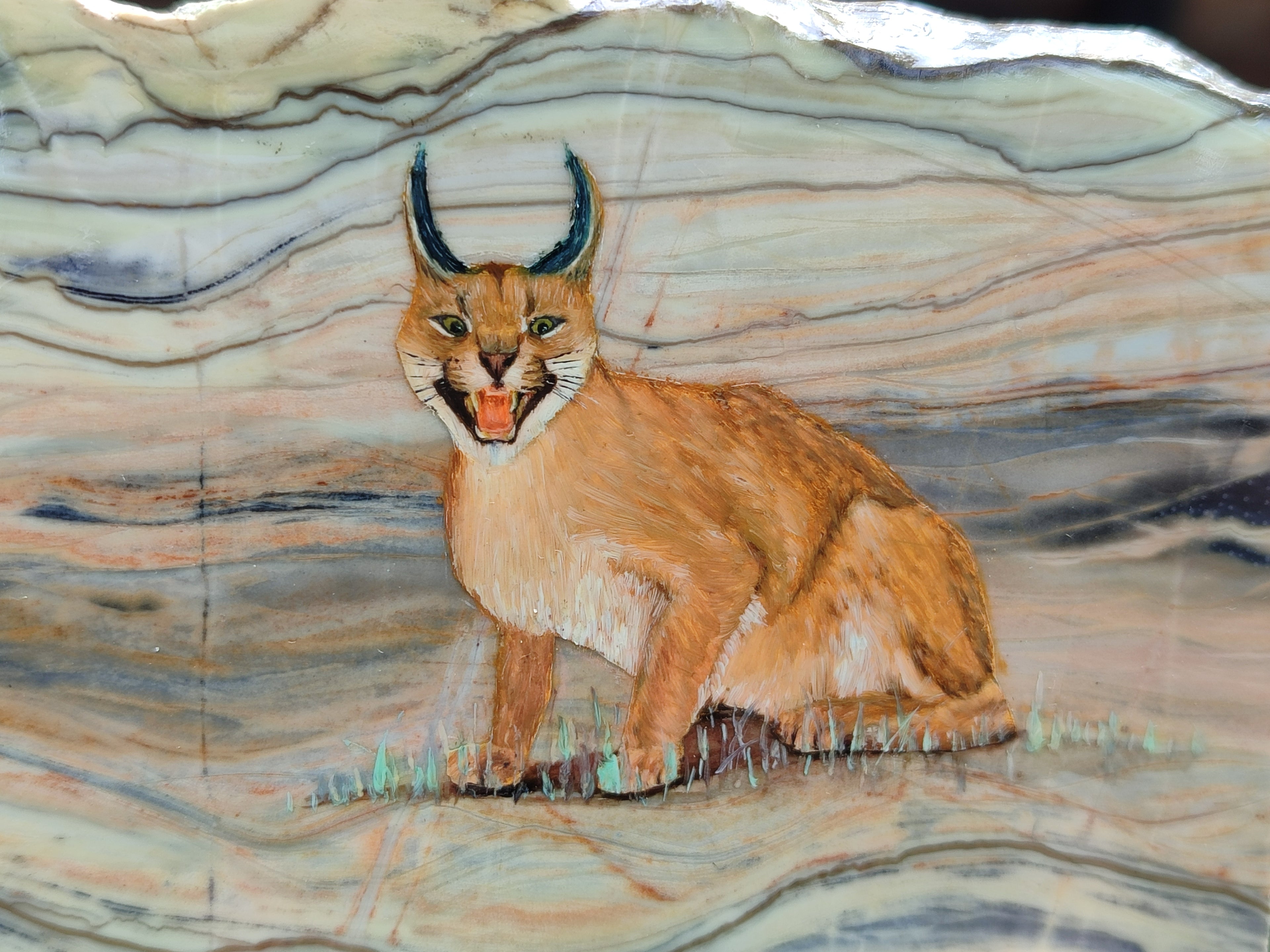 Hand Made Lynx / Caracal Decoupage on Butter Jade Stone Slabs - sold per item - From South Africa - Toprock Gemstones and Minerals 