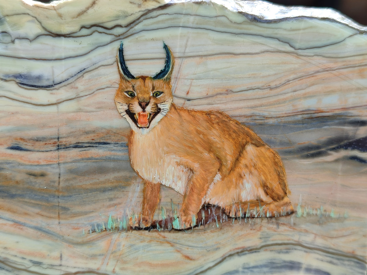Hand Made Lynx / Caracal Decoupage on Butter Jade Stone Slabs - sold per item - From South Africa - Toprock Gemstones and Minerals 