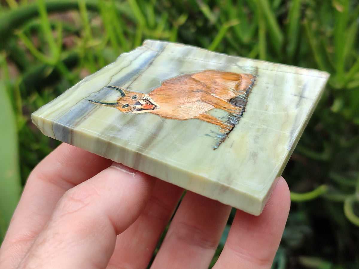 Hand Made Lynx / Caracal Decoupage on Butter Jade Stone Slabs - sold per item - From South Africa - Toprock Gemstones and Minerals 