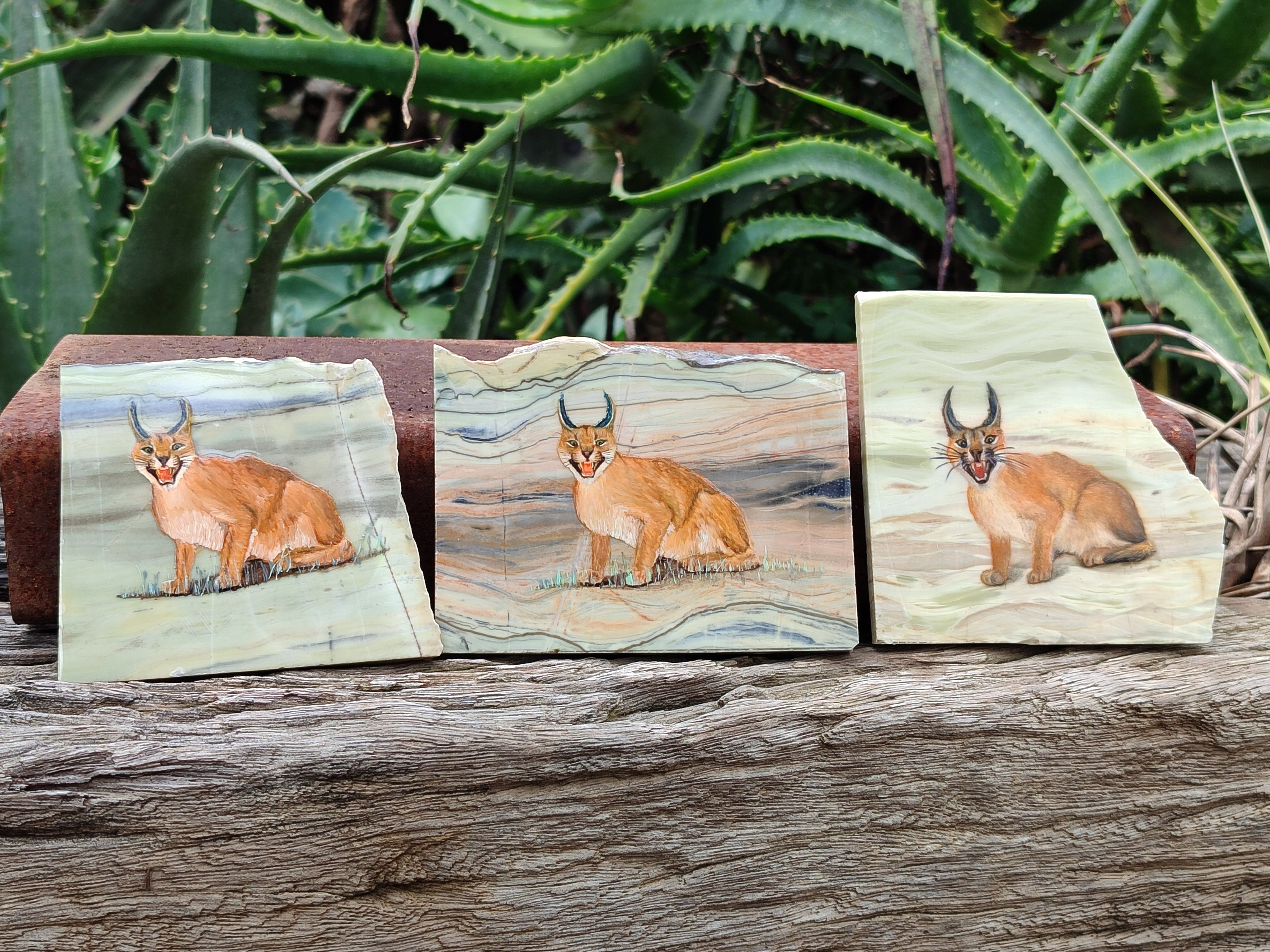 Hand Made Lynx / Caracal Decoupage on Butter Jade Stone Slabs - sold per item - From South Africa - Toprock Gemstones and Minerals 