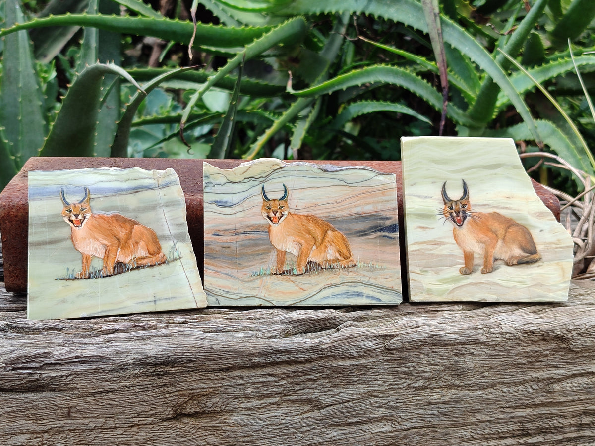 Hand Made Lynx / Caracal Decoupage on Butter Jade Stone Slabs - sold per item - From South Africa - Toprock Gemstones and Minerals 