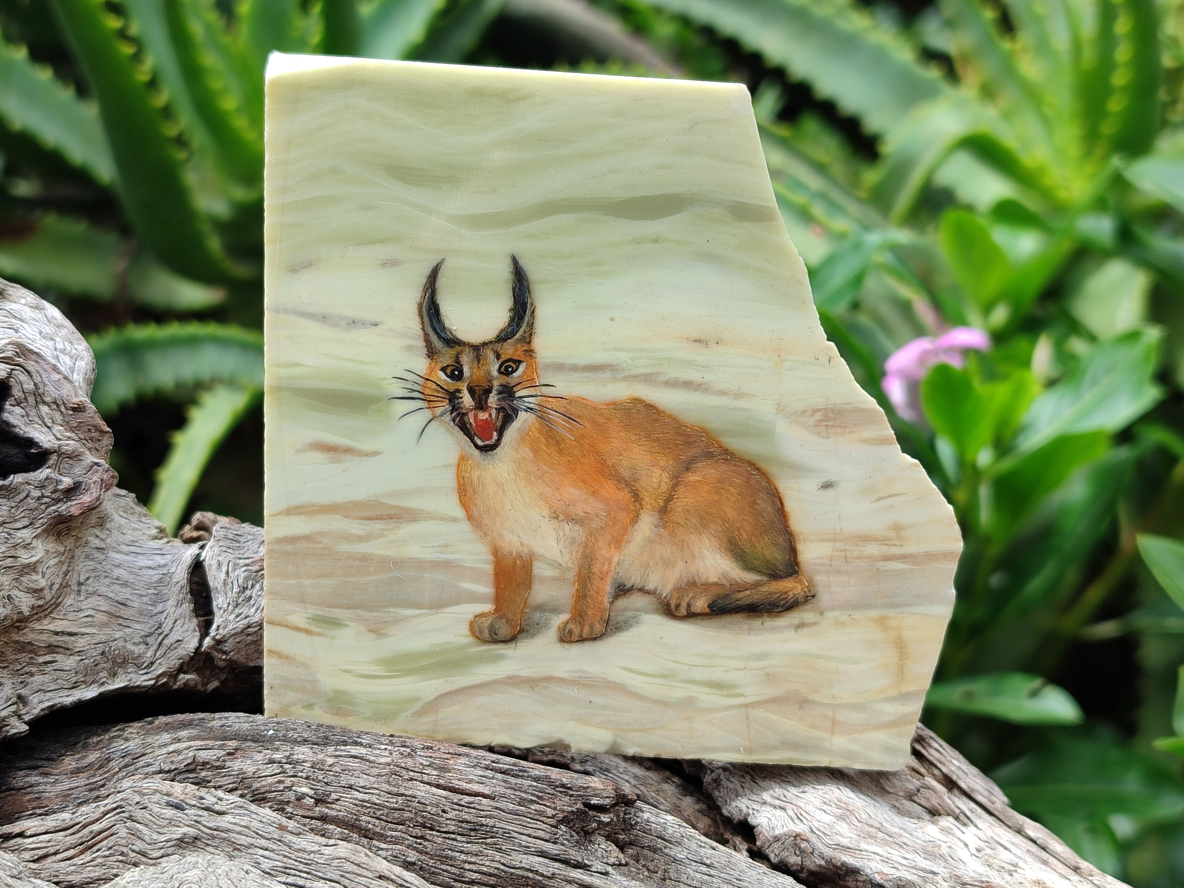 Hand Made Lynx / Caracal Decoupage on Butter Jade Stone Slabs - sold per item - From South Africa - Toprock Gemstones and Minerals 