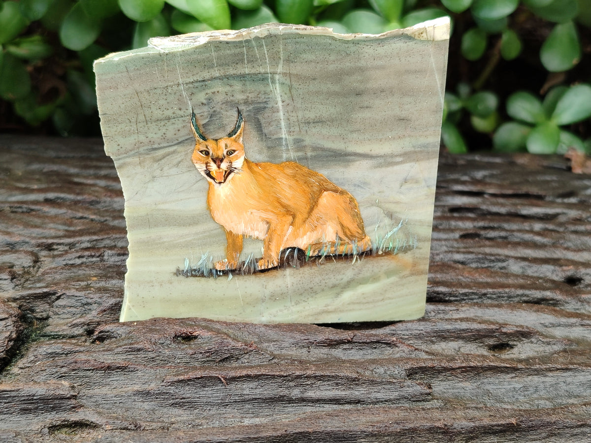 Hand Made Lynx / Caracal Decoupage on Butter Jade Stone Slabs - sold per item - From South Africa - Toprock Gemstones and Minerals 