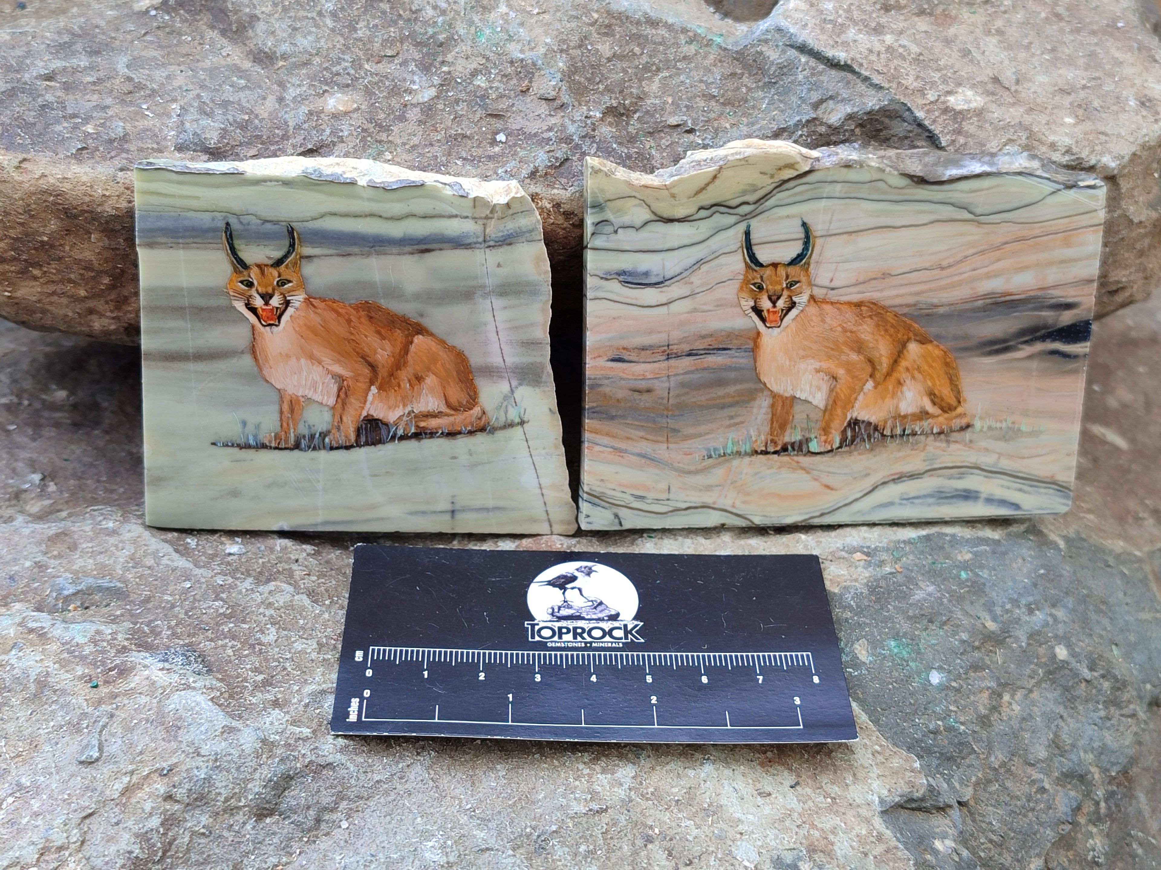 Hand Made Lynx / Caracal Decoupage on Butter Jade Stone Slabs - sold per item - From South Africa - Toprock Gemstones and Minerals 