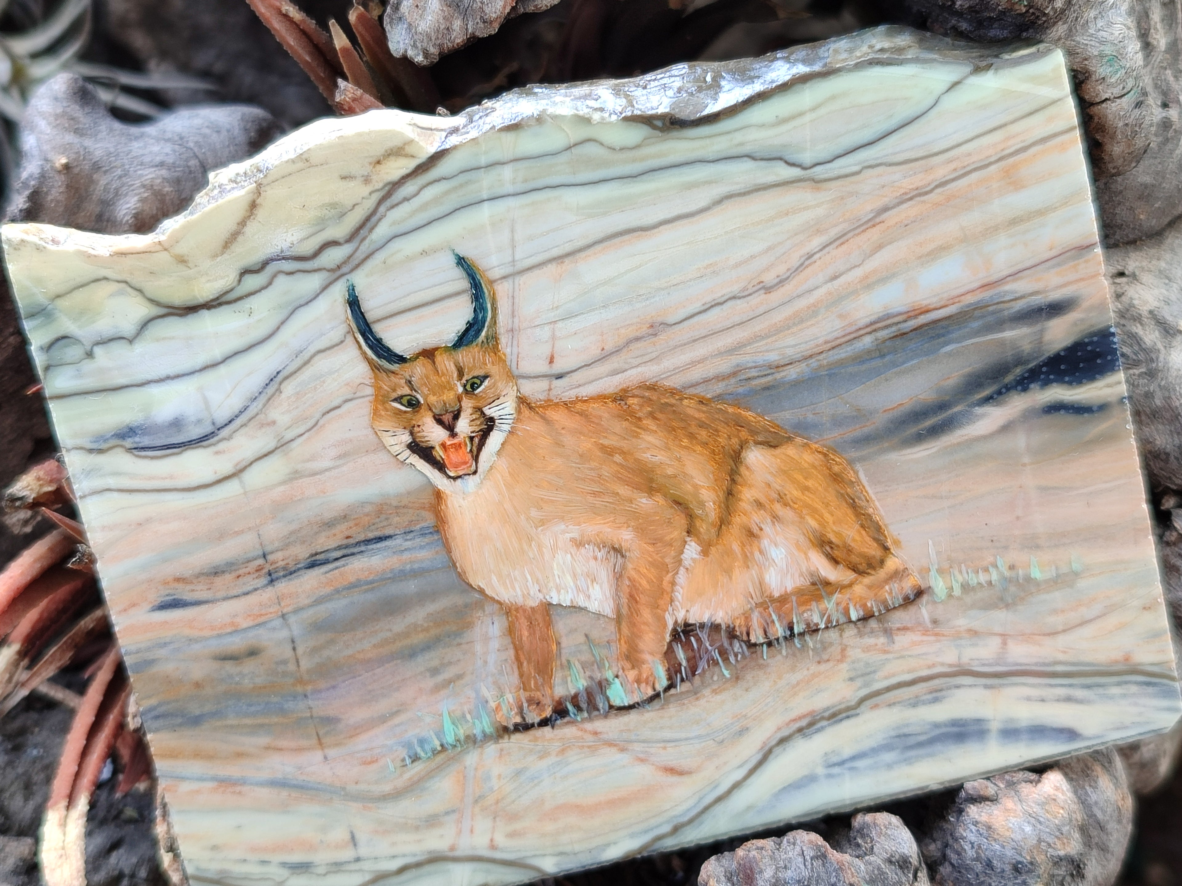 Hand Made Lynx / Caracal Decoupage on Butter Jade Stone Slabs - sold per item - From South Africa - Toprock Gemstones and Minerals 