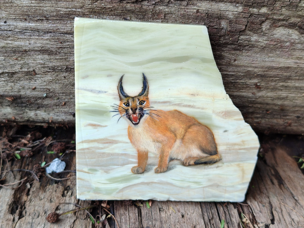 Hand Made Lynx / Caracal Decoupage on Butter Jade Stone Slabs - sold per item - From South Africa - Toprock Gemstones and Minerals 