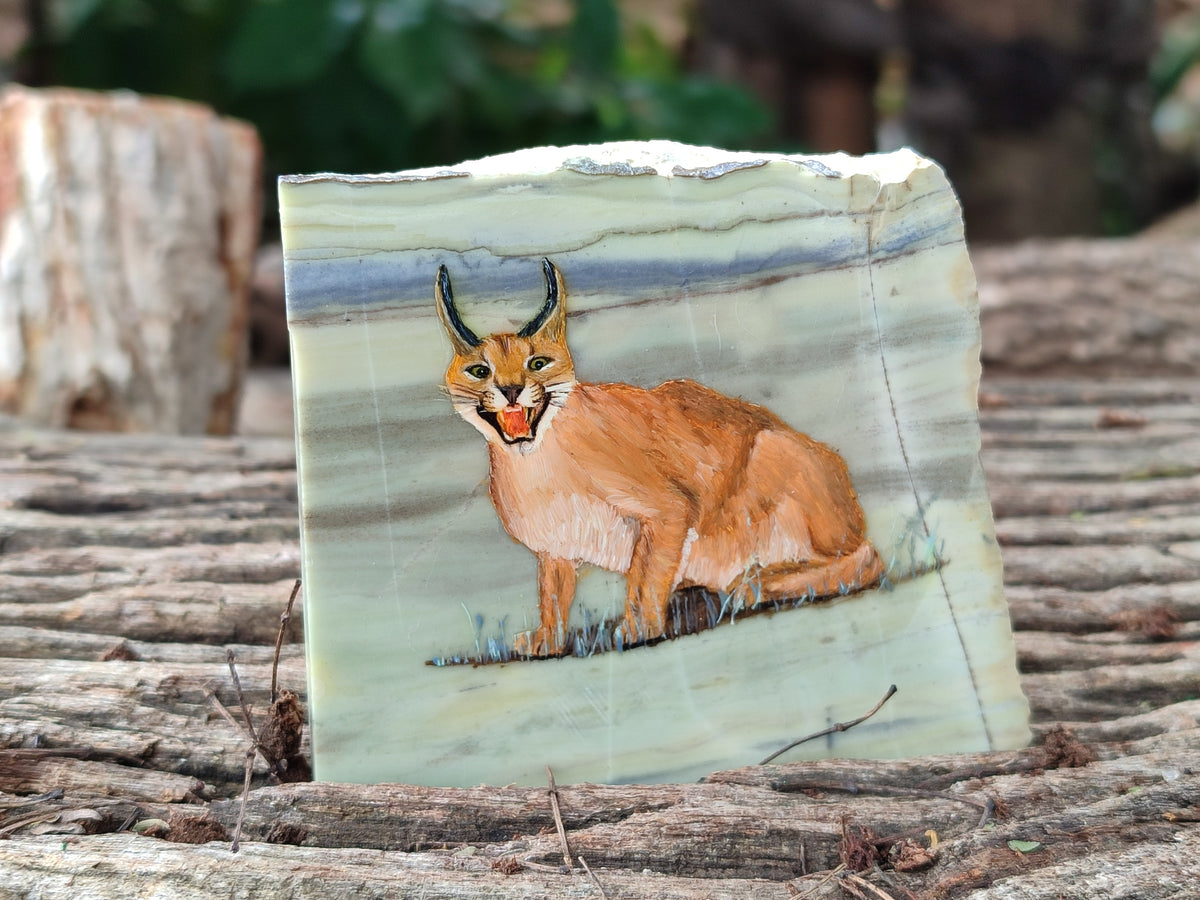 Hand Made Lynx / Caracal Decoupage on Butter Jade Stone Slabs - sold per item - From South Africa - Toprock Gemstones and Minerals 