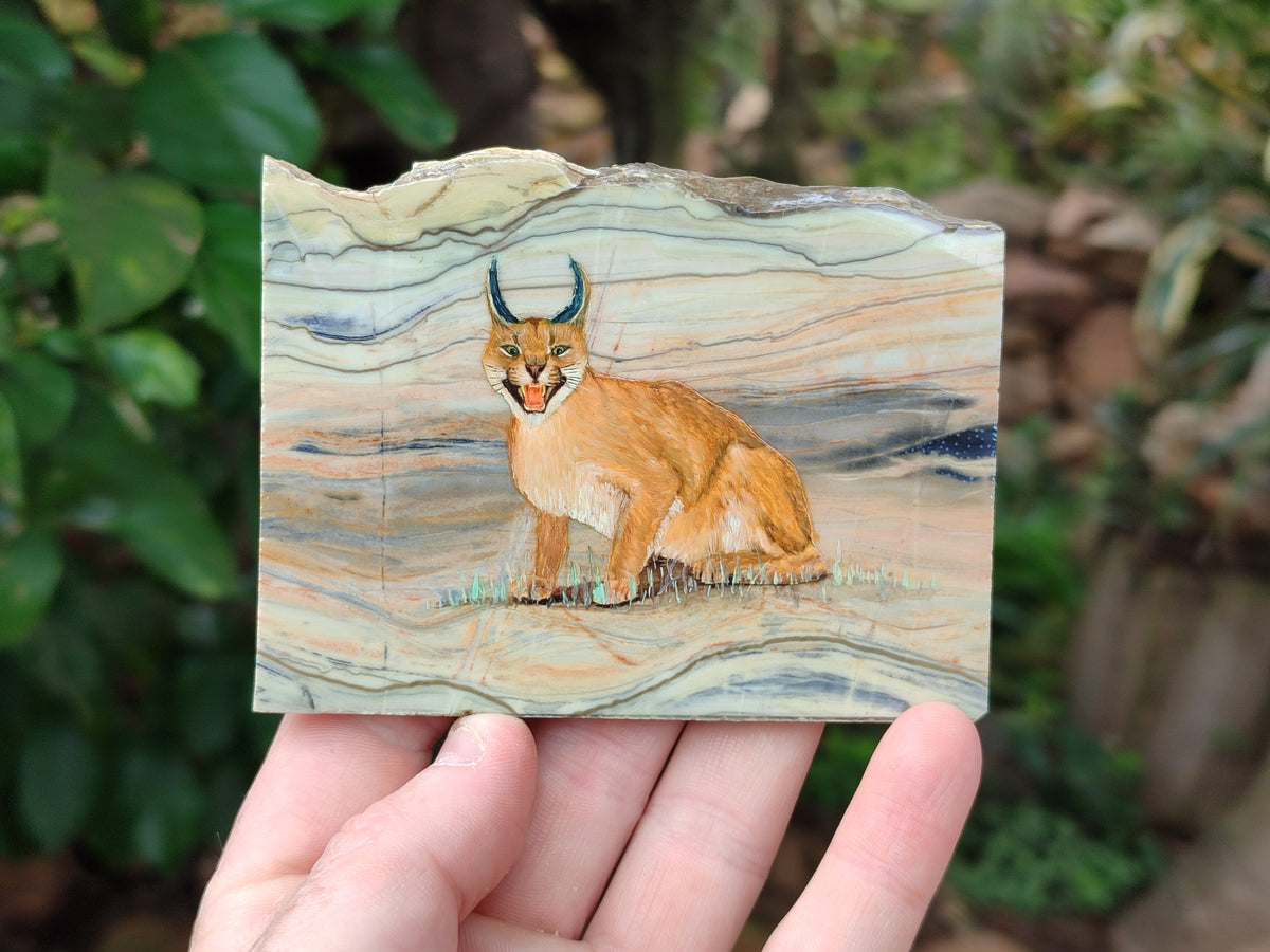 Hand Made Lynx / Caracal Decoupage on Butter Jade Stone Slabs - sold per item - From South Africa - Toprock Gemstones and Minerals 