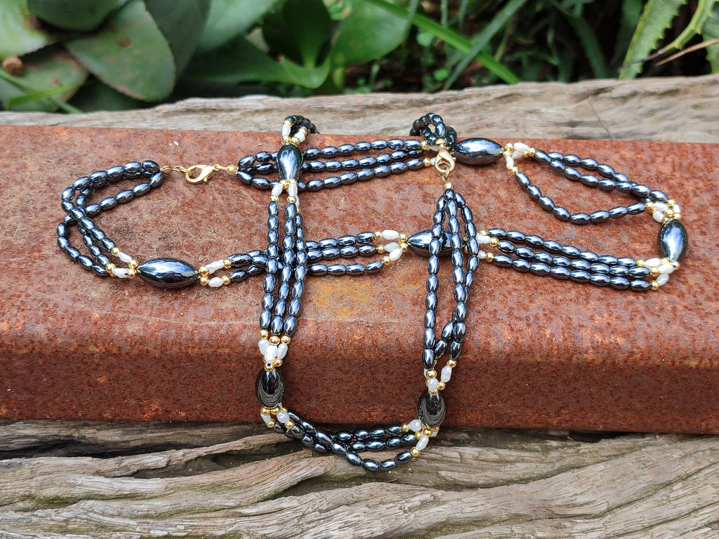 Polished Hematite and Freshwater Pearl Beaded Necklace - Sold Per Item - From Southern Africa - Toprock Gemstones and Minerals 