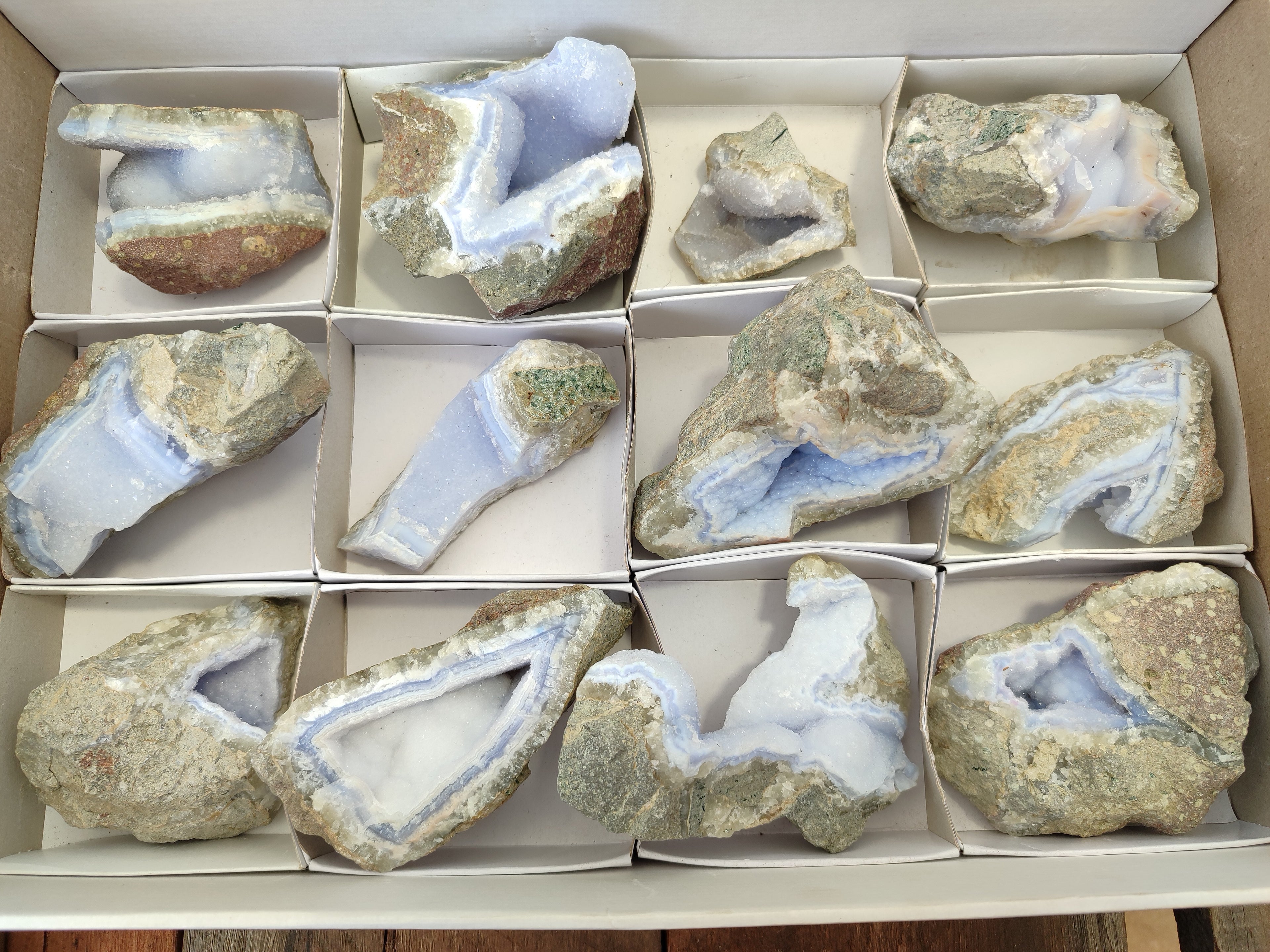 Natural Blue Lace Agate Geode Specimens x 12 From Malawi - Toprock Gemstones and Minerals 