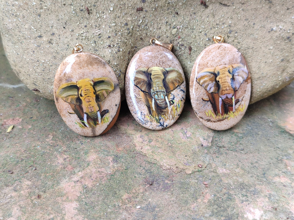 Polished Picture Stone Pendant with Hand Painted Elephant - Sold Per Item - From Namibia - Toprock Gemstones and Minerals 