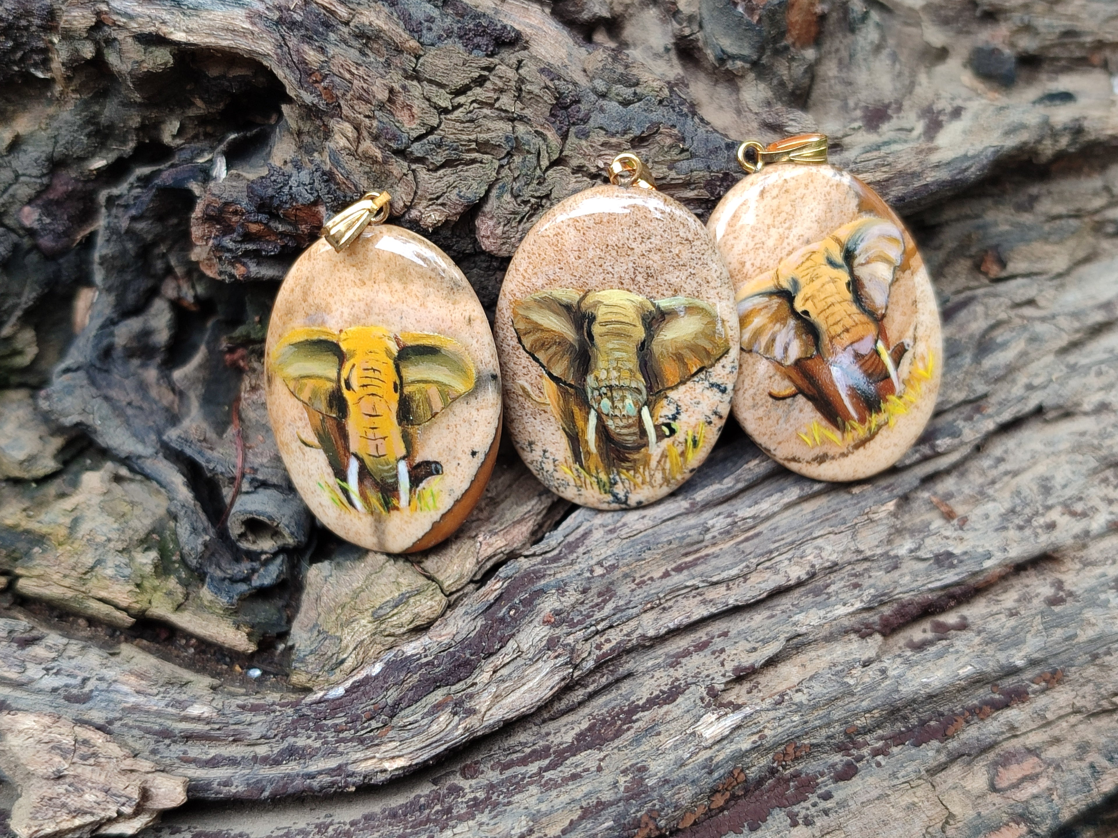 Polished Picture Stone Pendant with Hand Painted Elephant - Sold Per Item - From Namibia - Toprock Gemstones and Minerals 