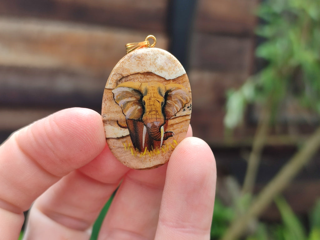 Polished Picture Stone Pendant with Hand Painted Elephant - Sold Per Item - From Namibia - Toprock Gemstones and Minerals 