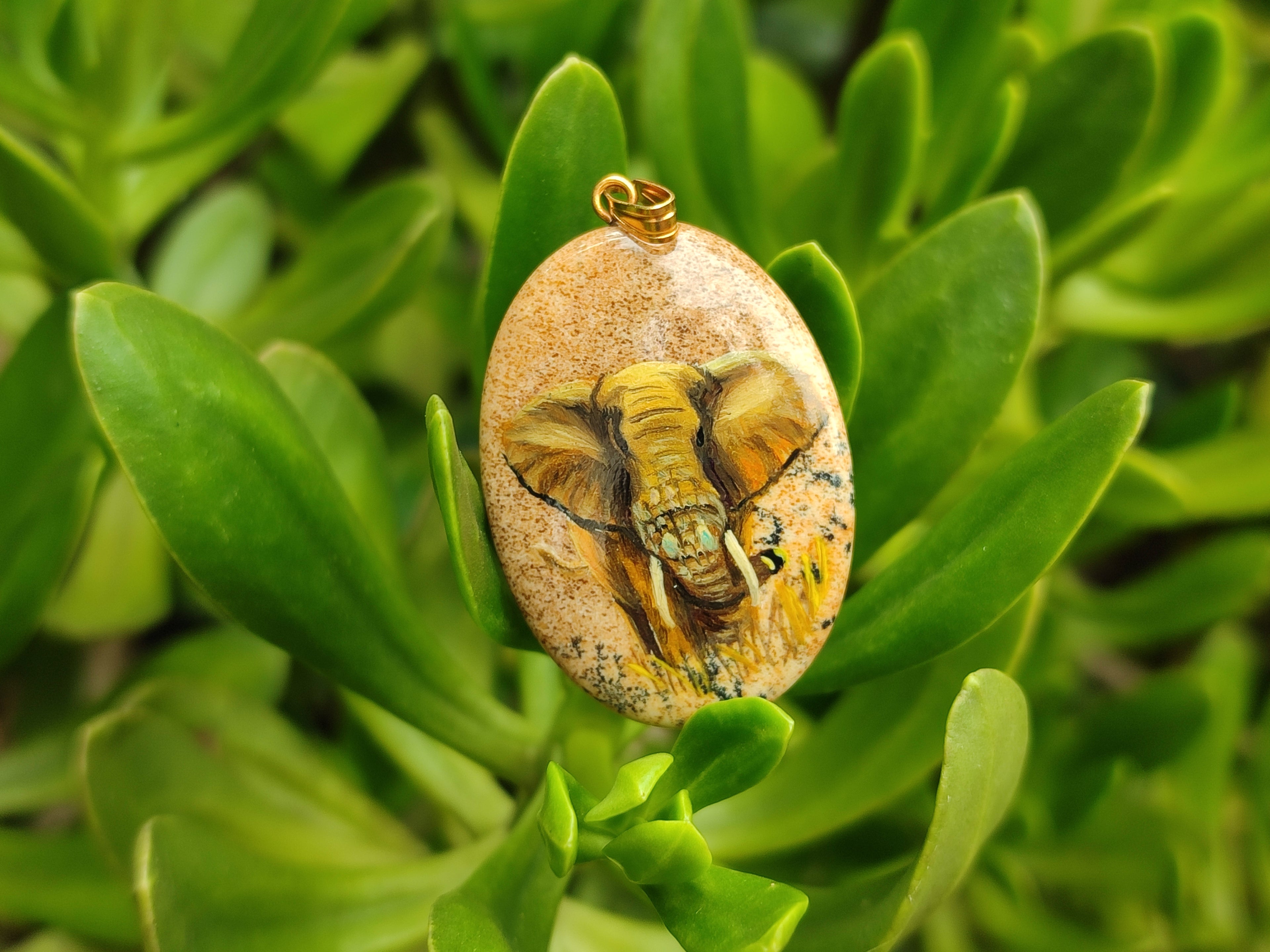 Polished Picture Stone Pendant with Hand Painted Elephant - Sold Per Item - From Namibia - Toprock Gemstones and Minerals 