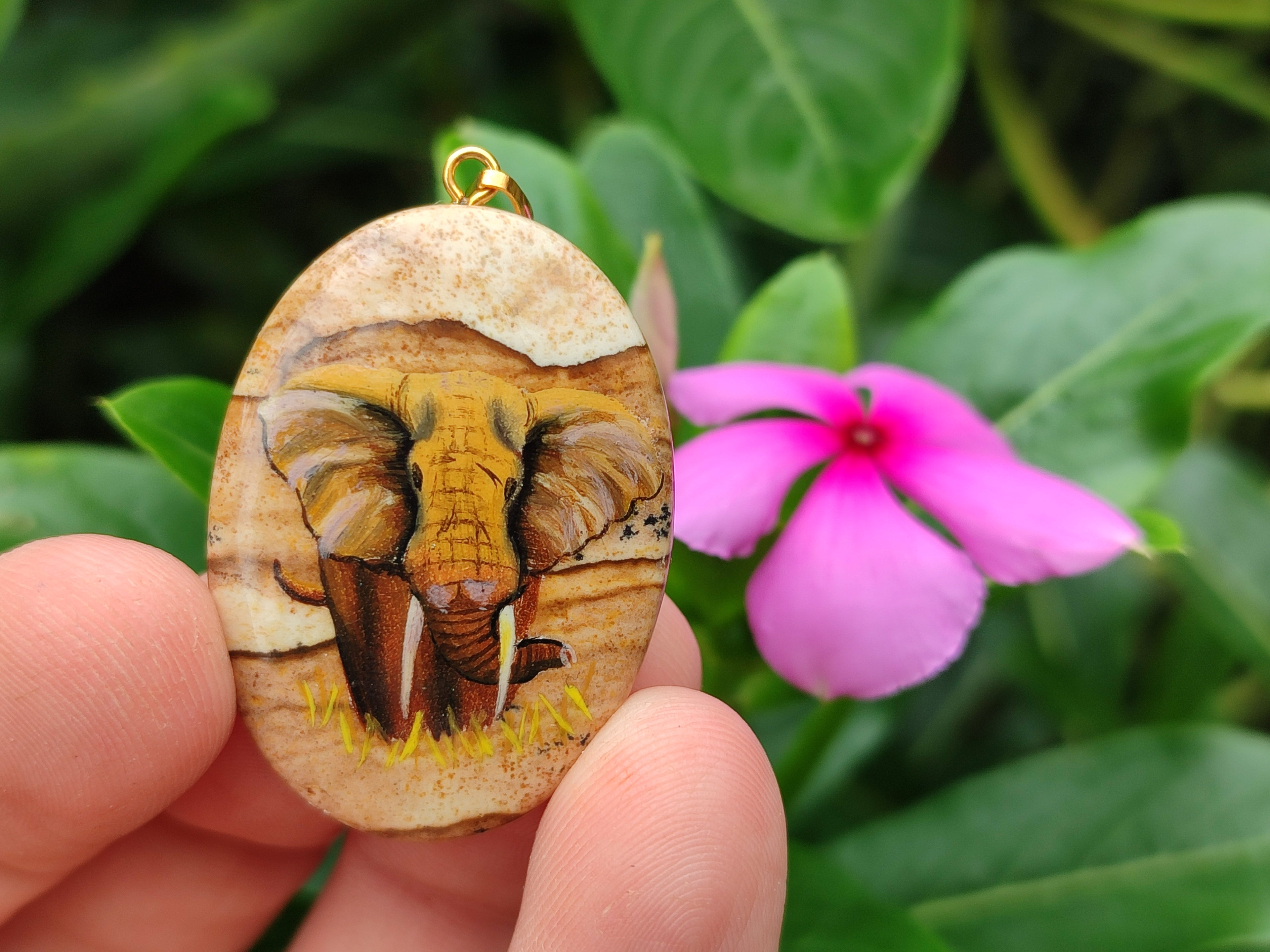 Polished Picture Stone Pendant with Hand Painted Elephant - Sold Per Item - From Namibia - Toprock Gemstones and Minerals 