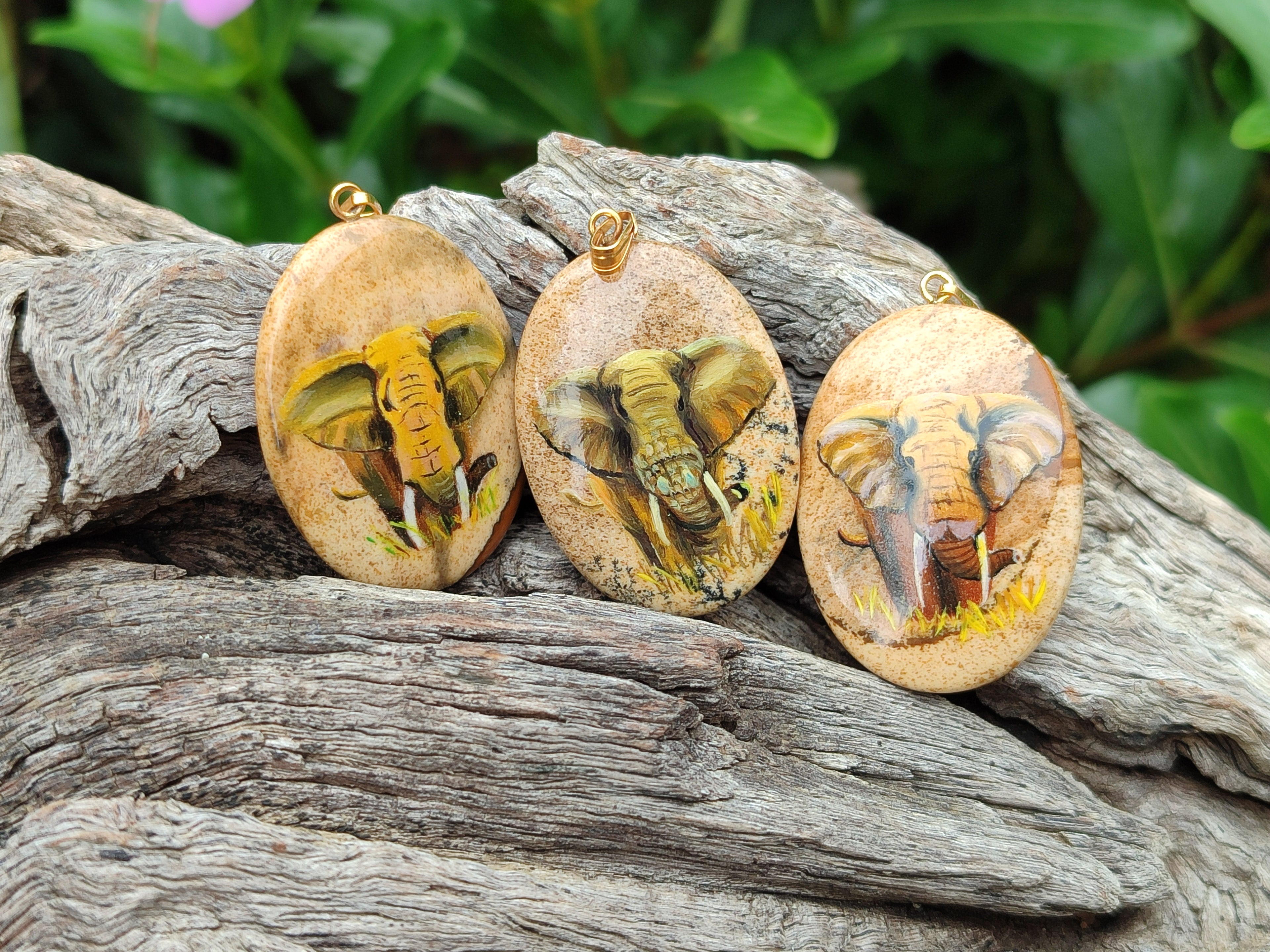 Polished Picture Stone Pendant with Hand Painted Elephant - Sold Per Item - From Namibia - Toprock Gemstones and Minerals 