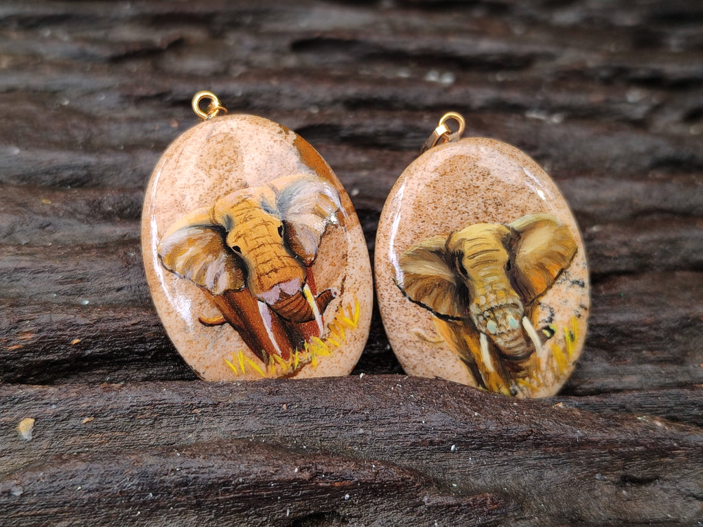 Polished Picture Stone Pendant with Hand Painted Elephant - Sold Per Item - From Namibia - Toprock Gemstones and Minerals 