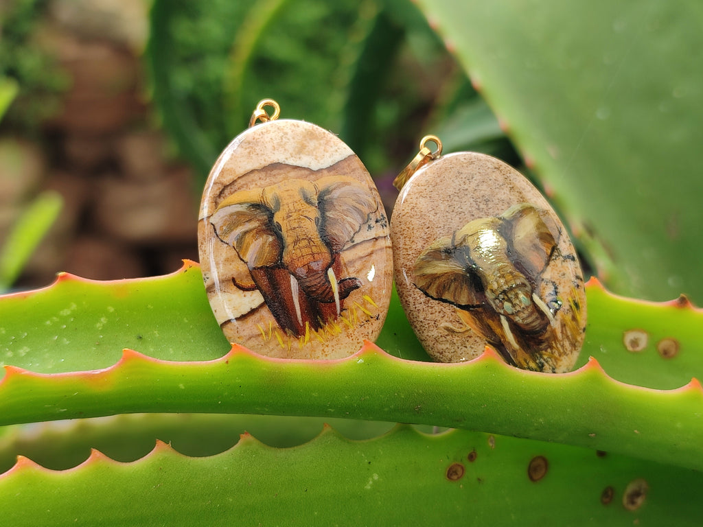 Polished Picture Stone Pendant with Hand Painted Elephant - Sold Per Item - From Namibia - Toprock Gemstones and Minerals 