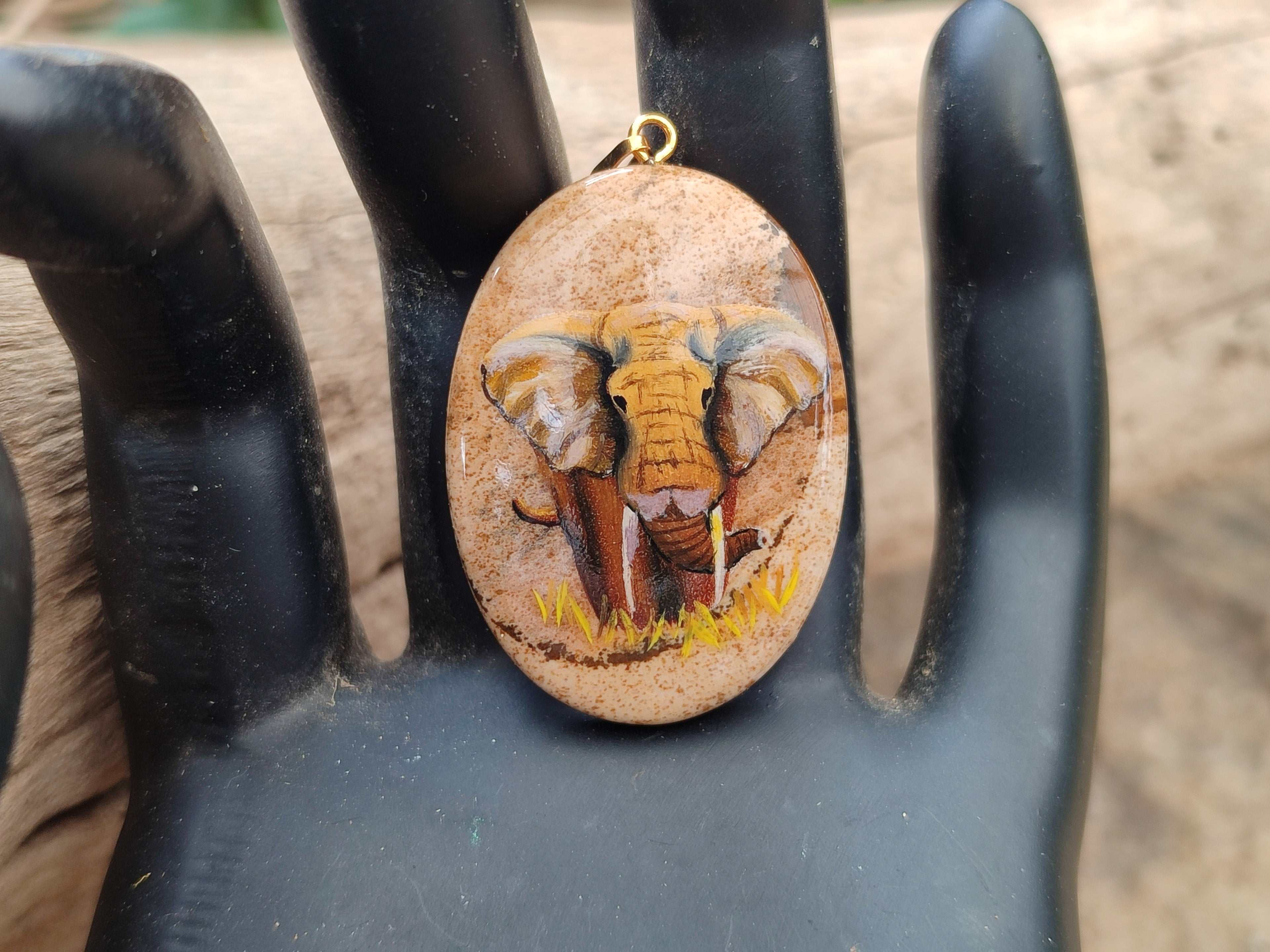Polished Picture Stone Pendant with Hand Painted Elephant - Sold Per Item - From Namibia - Toprock Gemstones and Minerals 