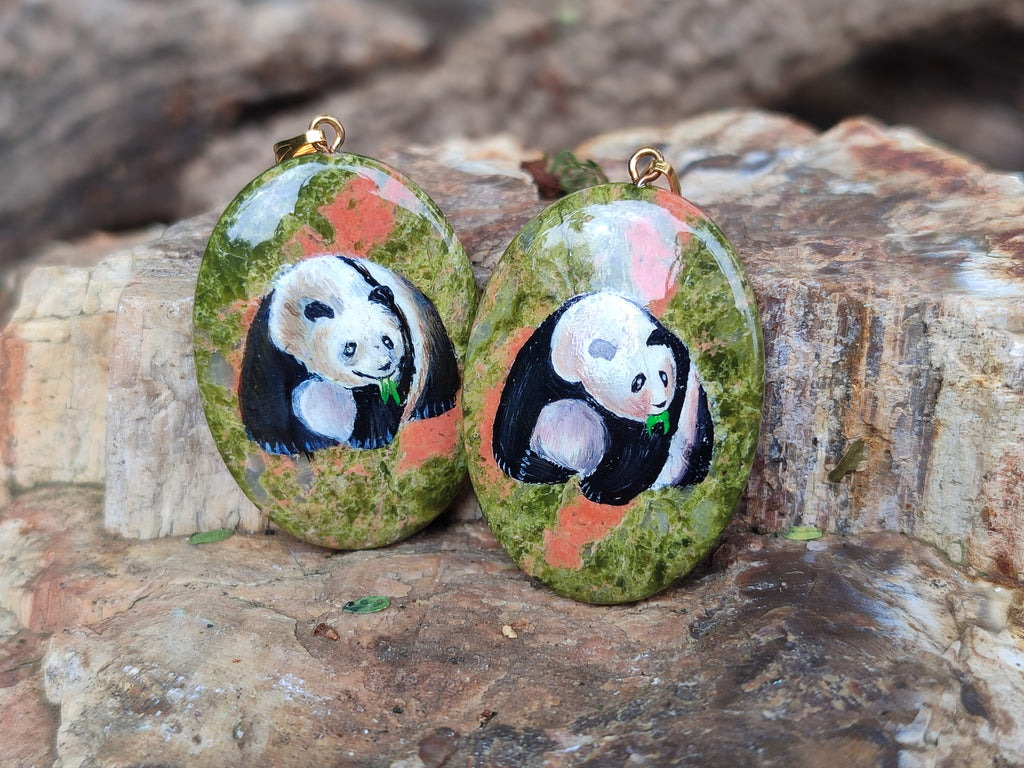 Polished Unakite Pendant with Hand Painted Panda - Sold Per Item - From South Africa - Toprock Gemstones and Minerals 