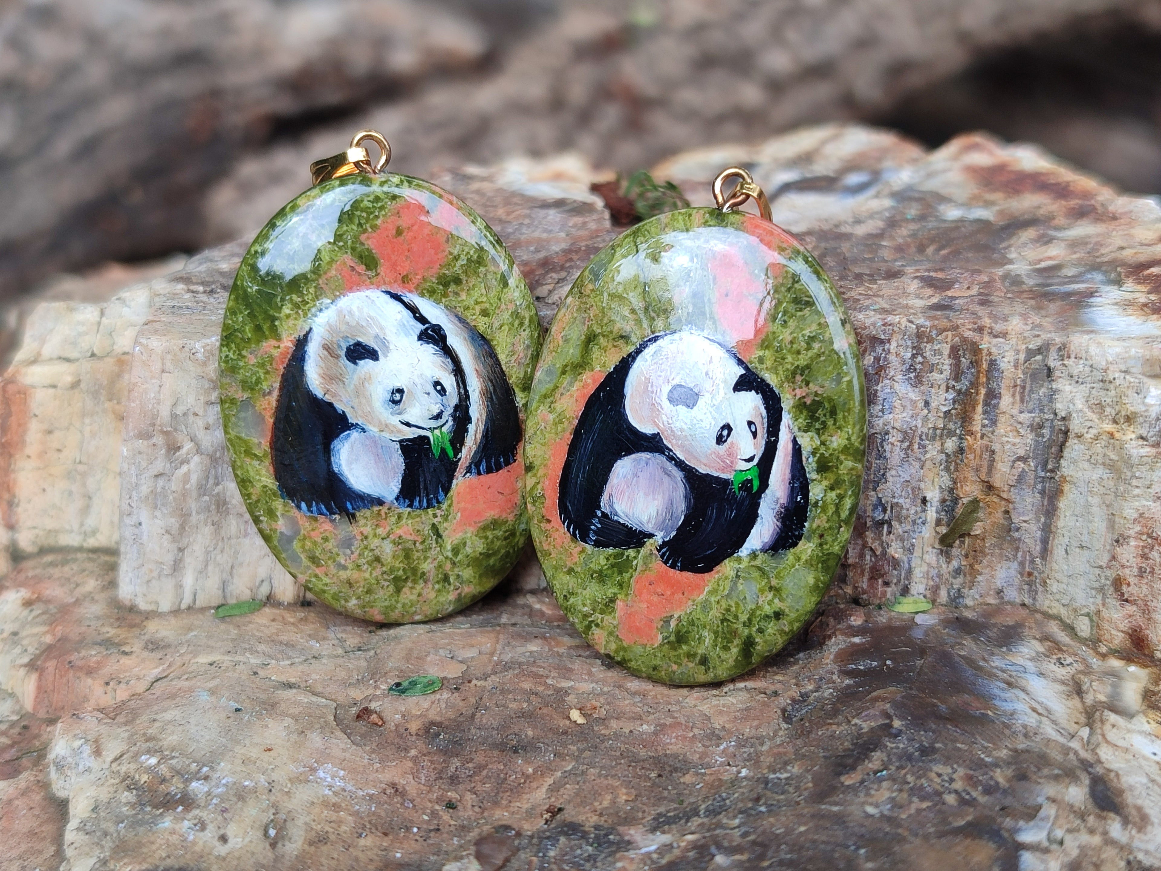 Polished Unakite Pendant with Hand Painted Panda - Sold Per Item - From South Africa - Toprock Gemstones and Minerals 