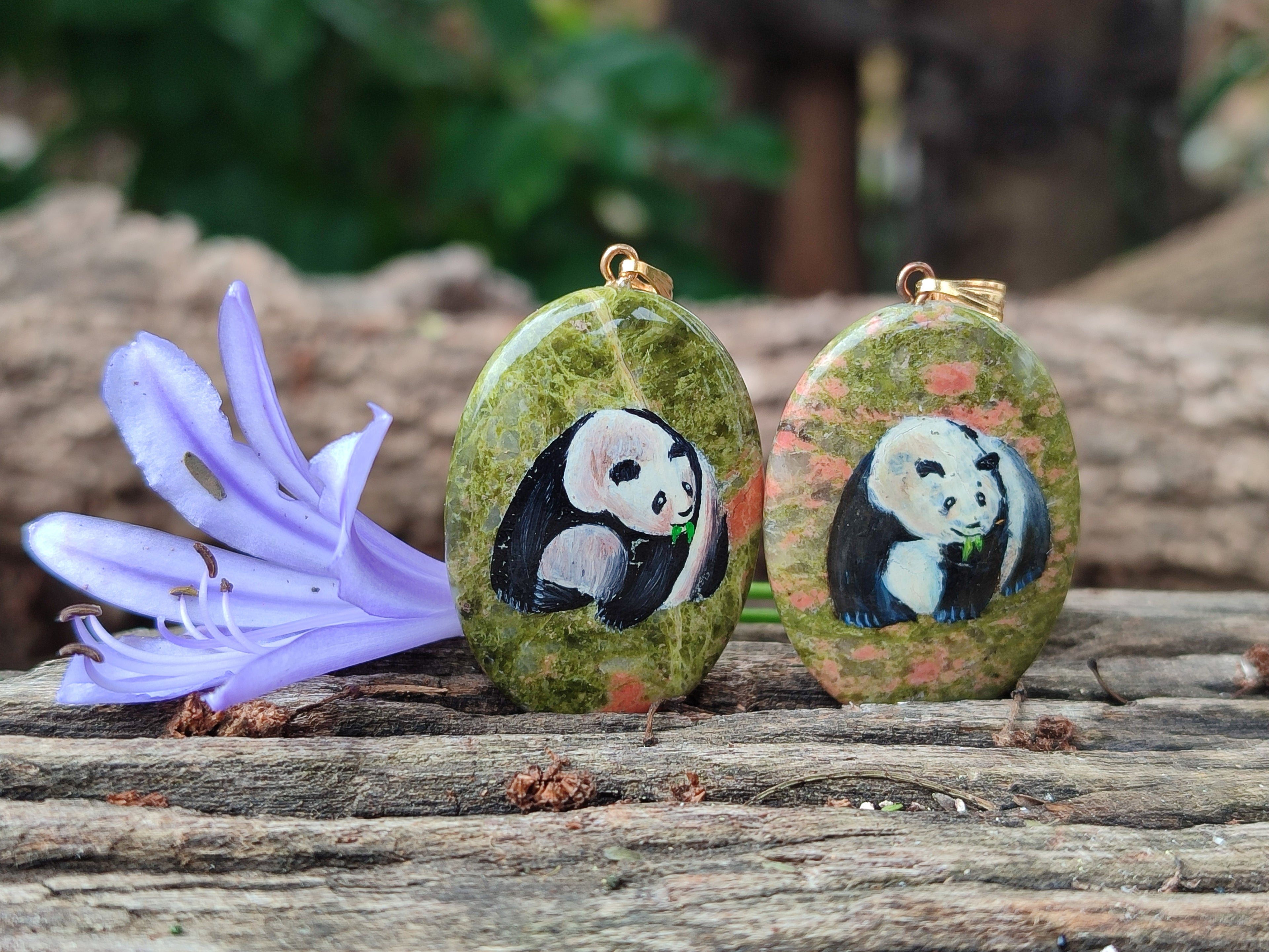 Polished Unakite Pendant with Hand Painted Panda - Sold Per Item - From South Africa - Toprock Gemstones and Minerals 