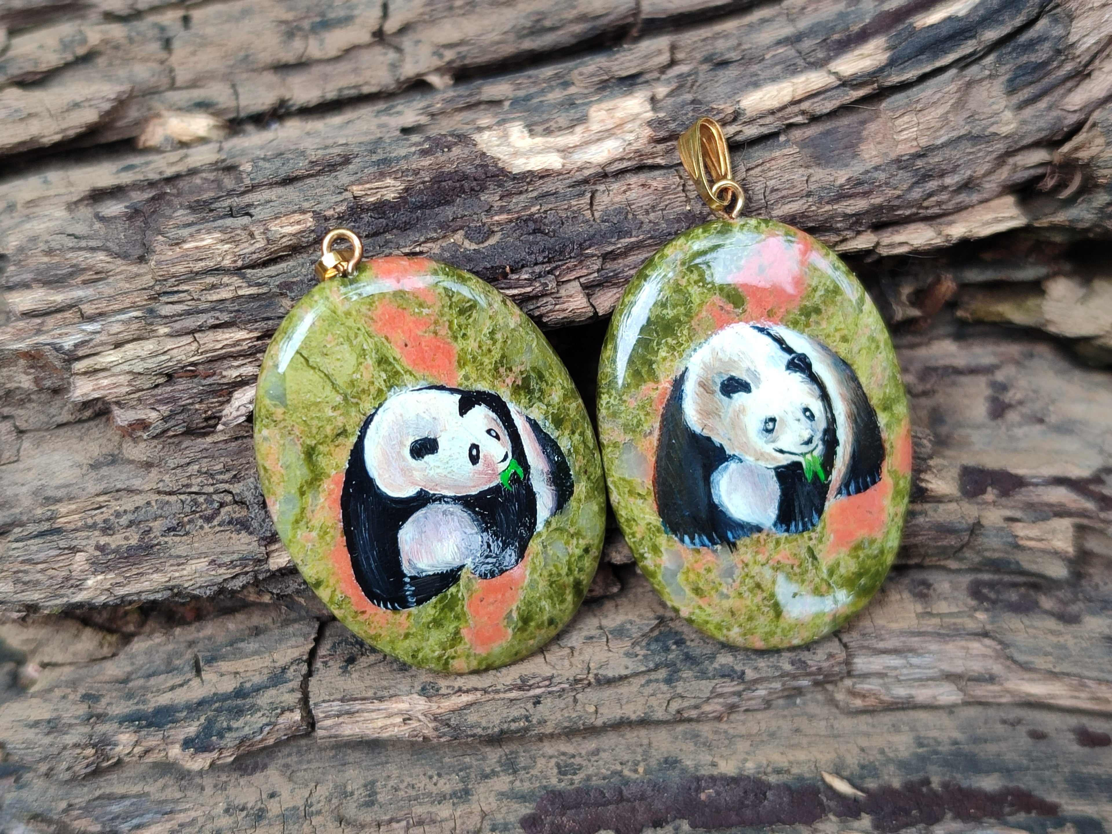 Polished Unakite Pendant with Hand Painted Panda - Sold Per Item - From South Africa - Toprock Gemstones and Minerals 