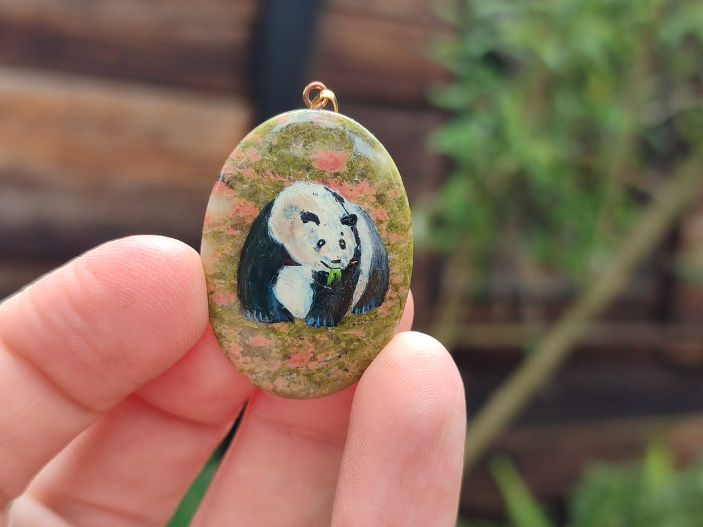Polished Unakite Pendant with Hand Painted Panda - Sold Per Item - From South Africa - Toprock Gemstones and Minerals 