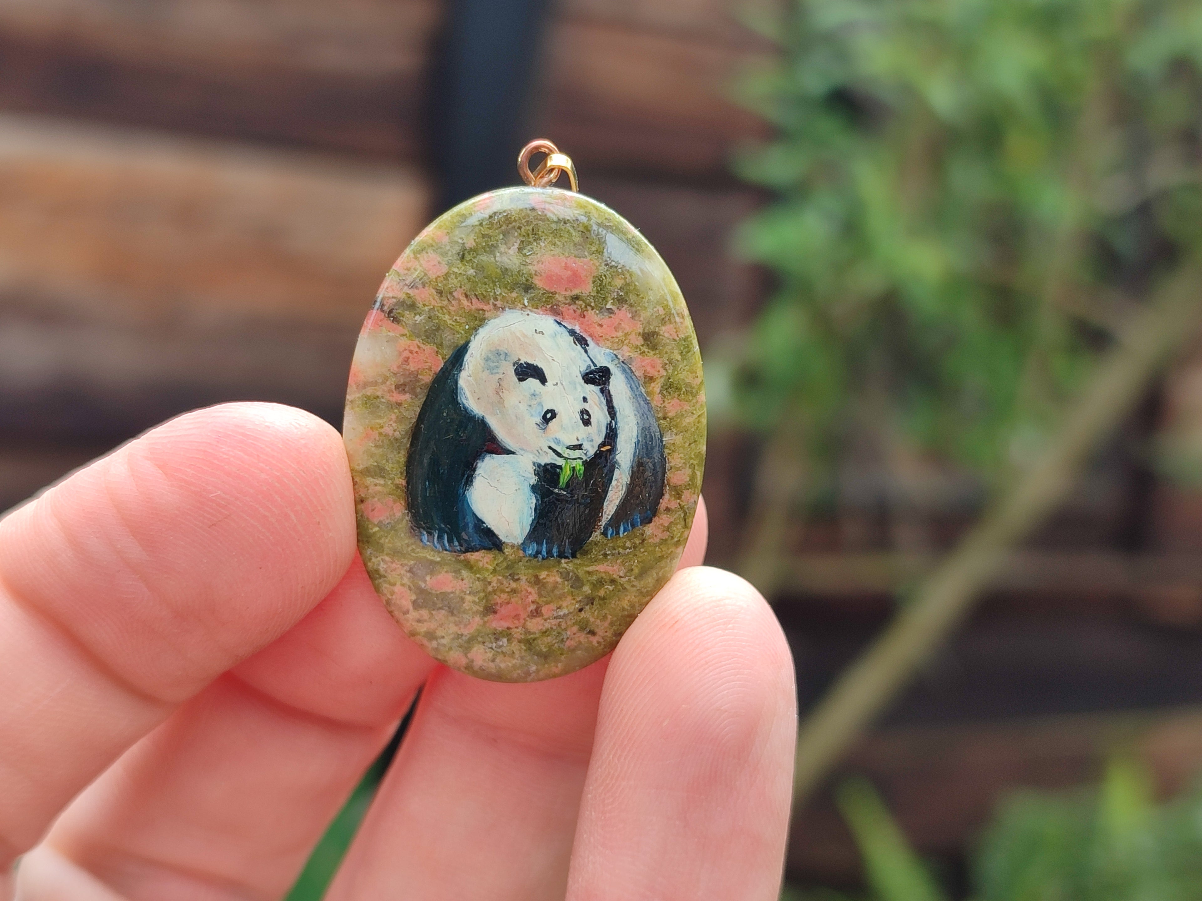 Polished Unakite Pendant with Hand Painted Panda - Sold Per Item - From South Africa - Toprock Gemstones and Minerals 