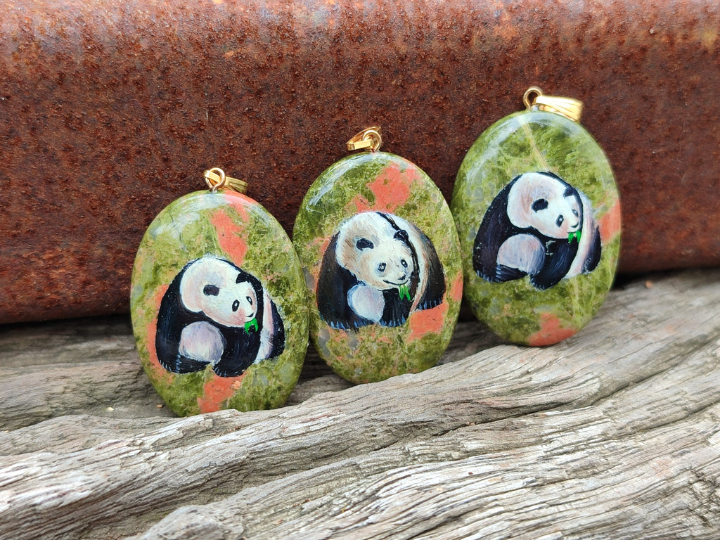 Polished Unakite Pendant with Hand Painted Panda - Sold Per Item - From South Africa - Toprock Gemstones and Minerals 