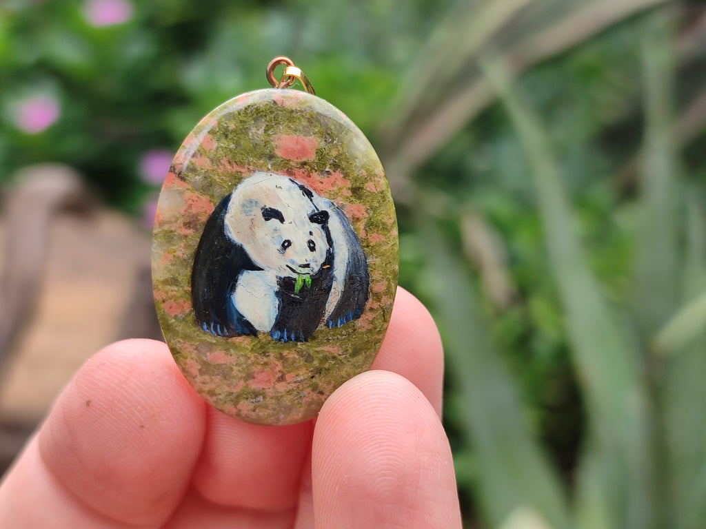Polished Unakite Pendant with Hand Painted Panda - Sold Per Item - From South Africa - Toprock Gemstones and Minerals 
