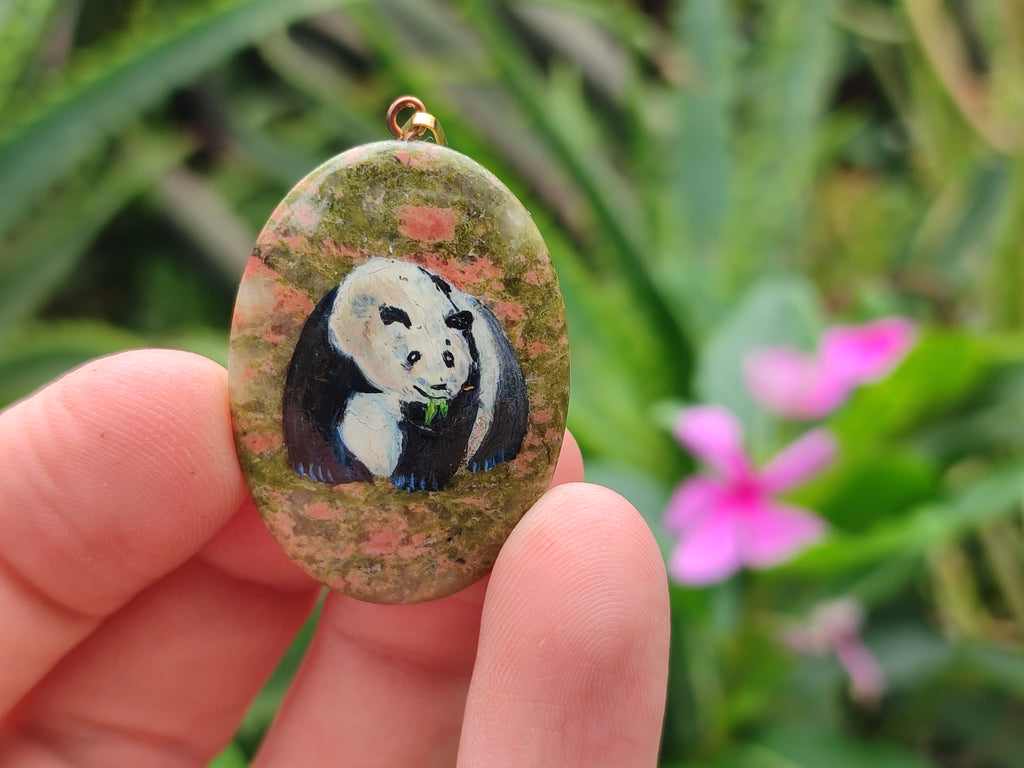 Polished Unakite Pendant with Hand Painted Panda - Sold Per Item - From South Africa - Toprock Gemstones and Minerals 