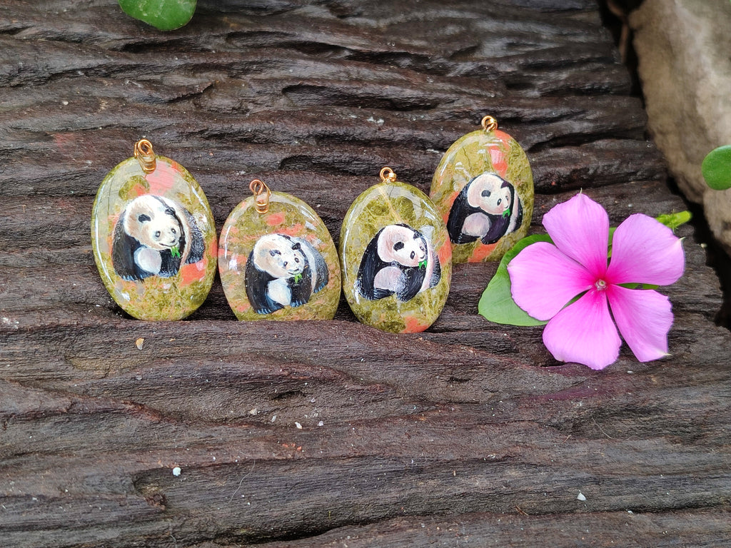 Polished Unakite Pendant with Hand Painted Panda - Sold Per Item - From South Africa - Toprock Gemstones and Minerals 