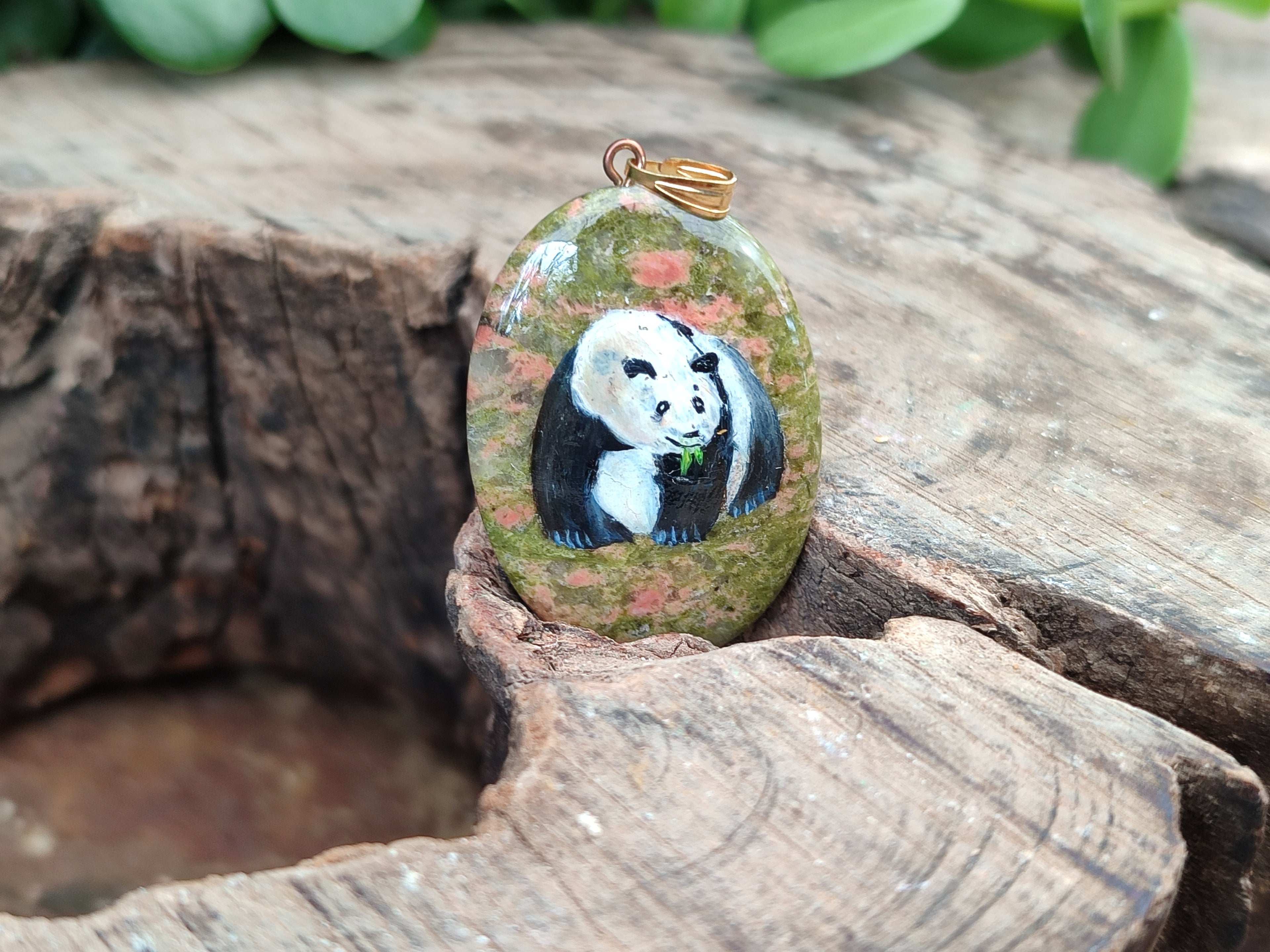 Polished Unakite Pendant with Hand Painted Panda - Sold Per Item - From South Africa - Toprock Gemstones and Minerals 
