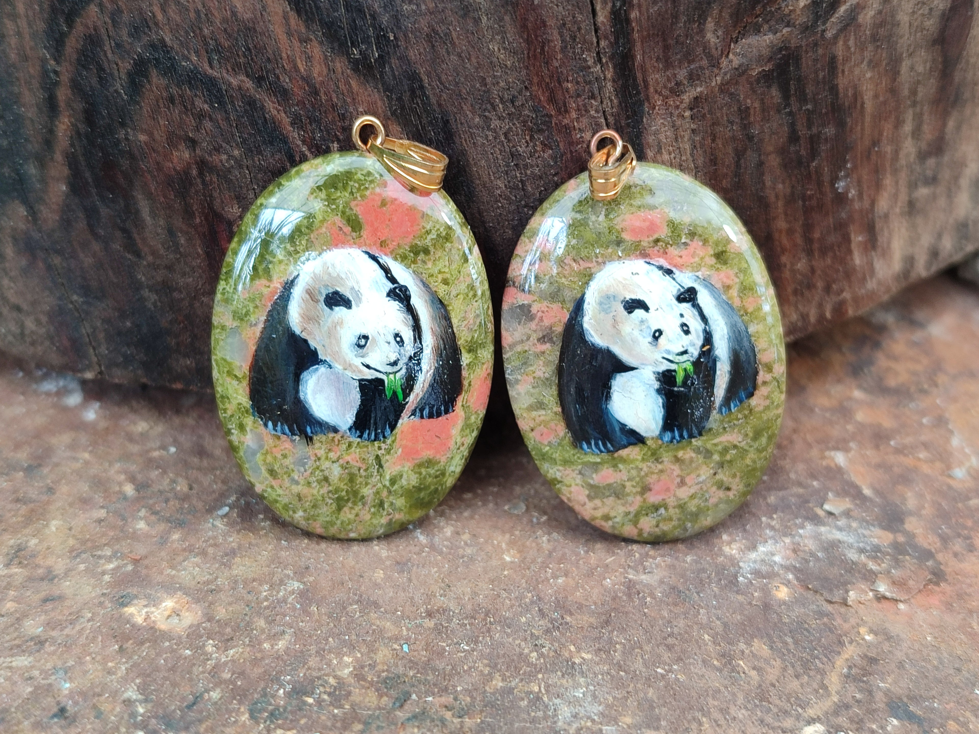 Polished Unakite Pendant with Hand Painted Panda - Sold Per Item - From South Africa - Toprock Gemstones and Minerals 