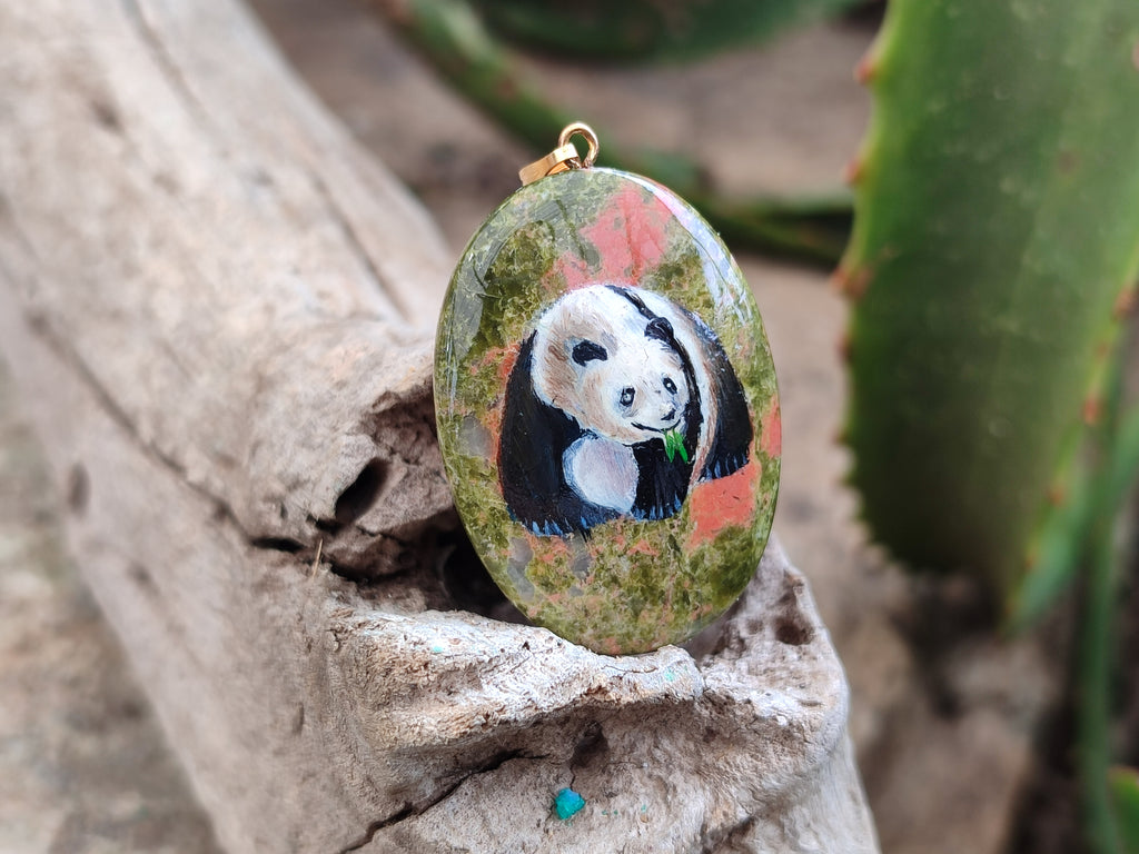 Polished Unakite Pendant with Hand Painted Panda - Sold Per Item - From South Africa - Toprock Gemstones and Minerals 