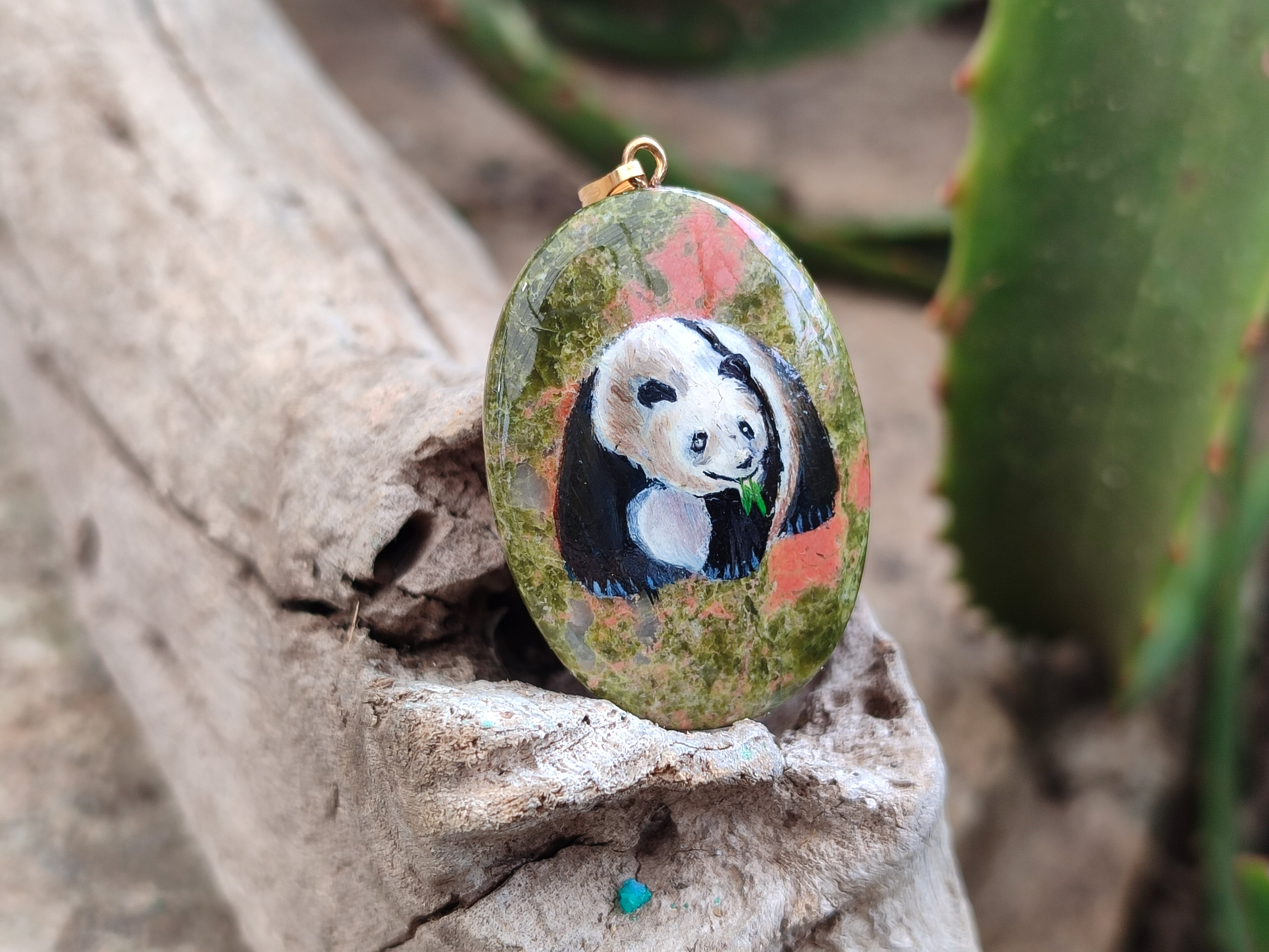 Polished Unakite Pendant with Hand Painted Panda - Sold Per Item - From South Africa - Toprock Gemstones and Minerals 