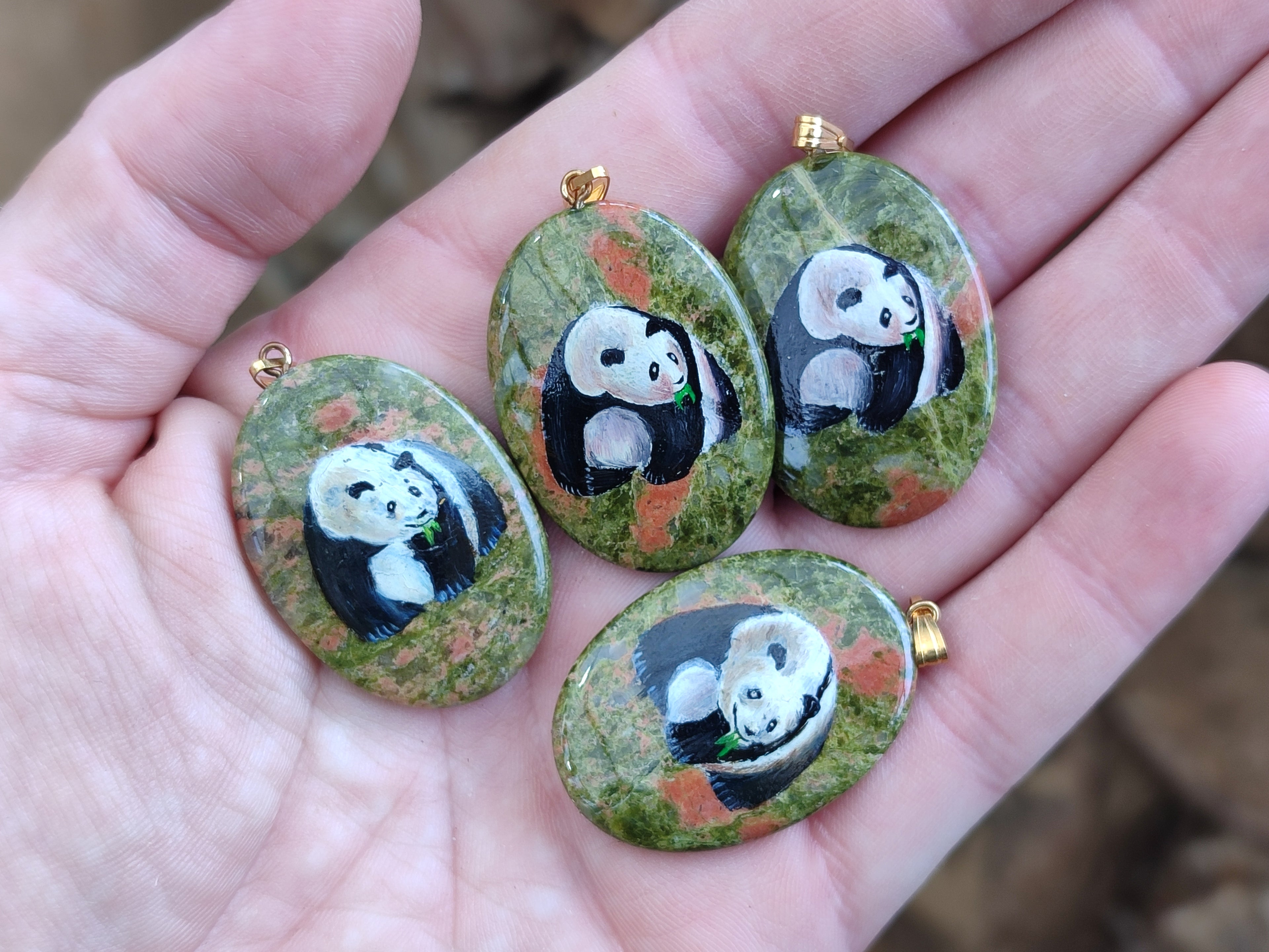 Polished Unakite Pendant with Hand Painted Panda - Sold Per Item - From South Africa - Toprock Gemstones and Minerals 