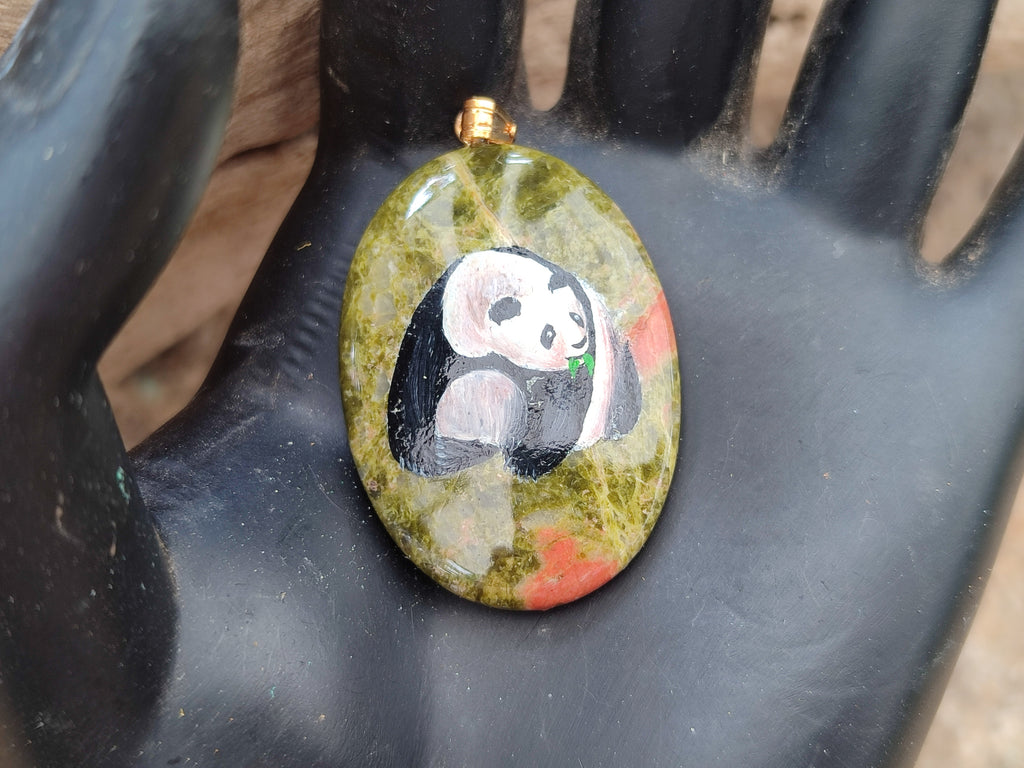 Polished Unakite Pendant with Hand Painted Panda - Sold Per Item - From South Africa - Toprock Gemstones and Minerals 