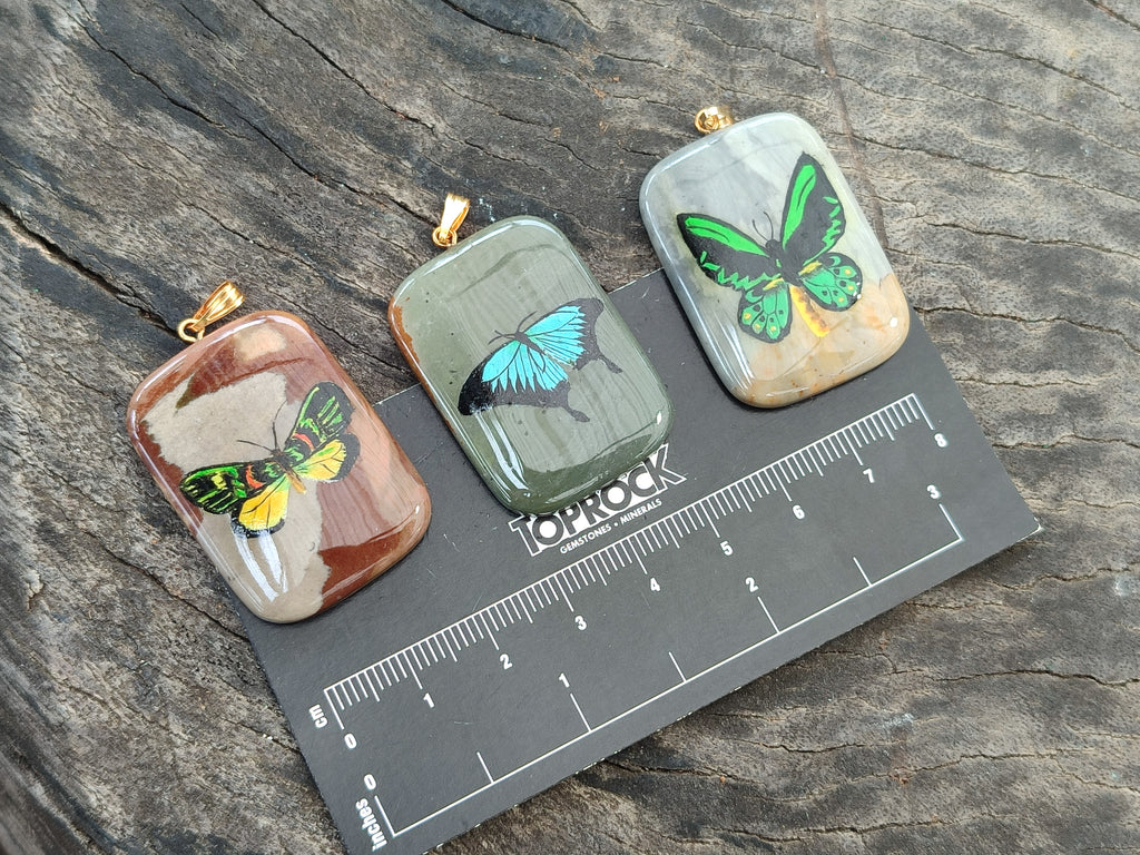 Polished Polychrome Jasper Pendant with Hand Painted Butterflies - sold per item - From Madagascar - Toprock Gemstones and Minerals 