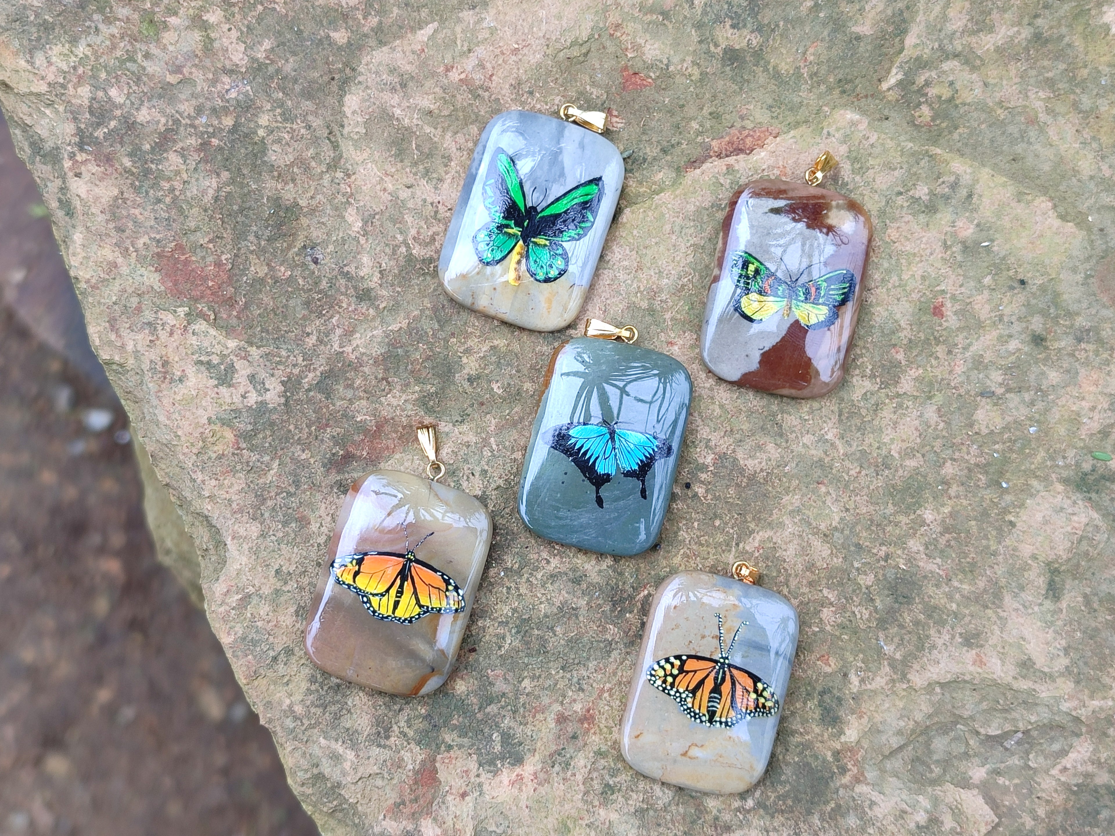 Polished Polychrome Jasper Pendant with Hand Painted Butterflies - sold per item - From Madagascar - Toprock Gemstones and Minerals 