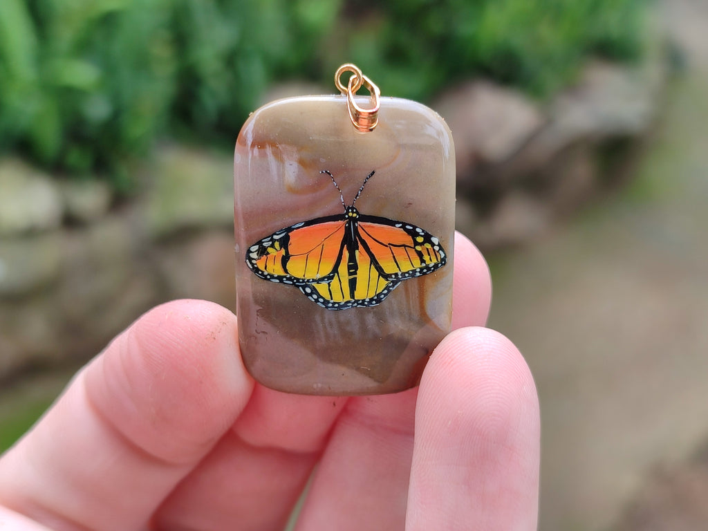 Polished Polychrome Jasper Pendant with Hand Painted Butterflies - sold per item - From Madagascar - Toprock Gemstones and Minerals 