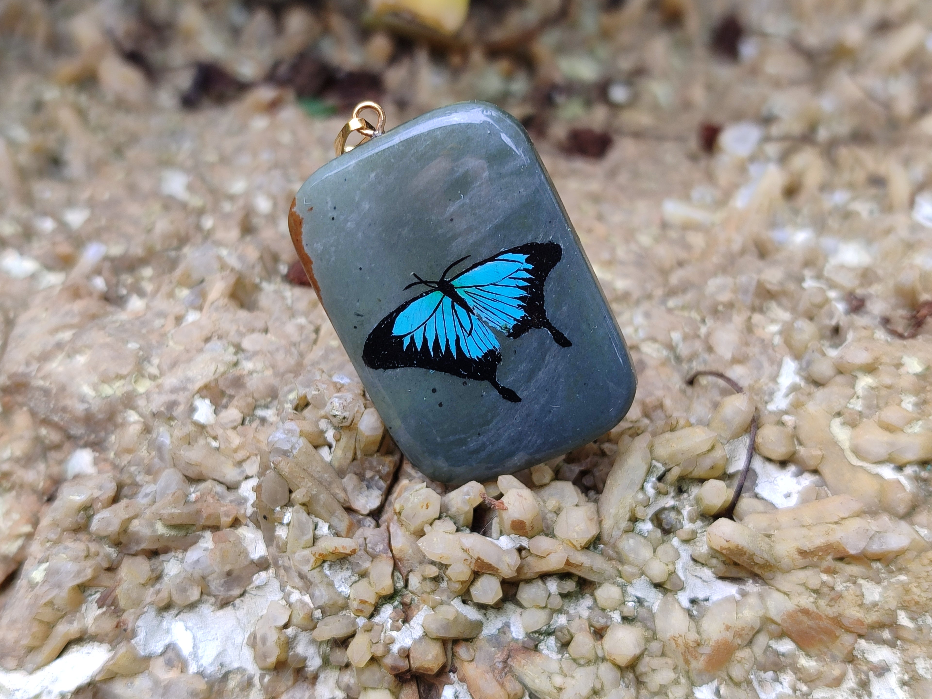Polished Polychrome Jasper Pendant with Hand Painted Butterflies - sold per item - From Madagascar - Toprock Gemstones and Minerals 