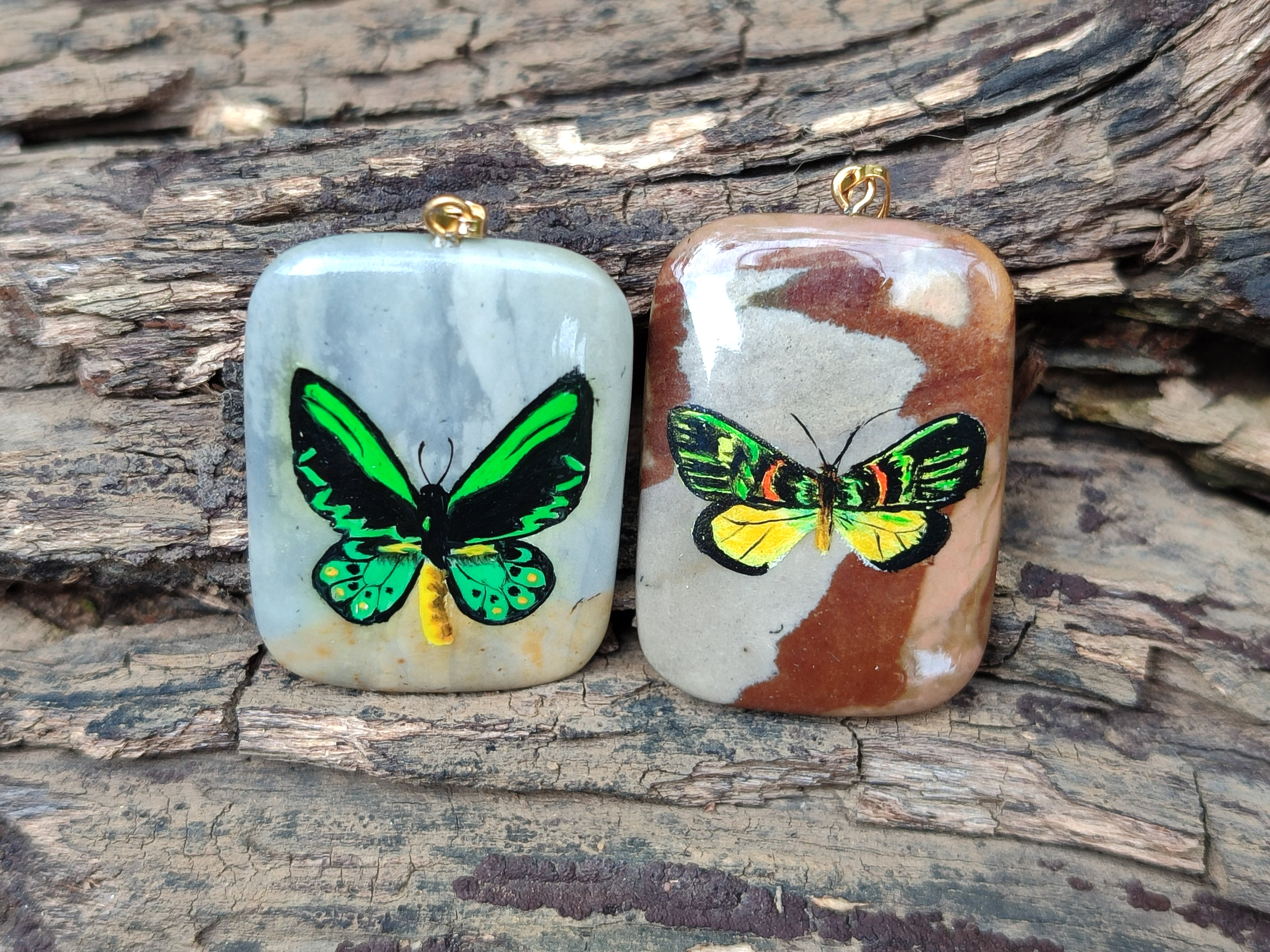Polished Polychrome Jasper Pendant with Hand Painted Butterflies - sold per item - From Madagascar - Toprock Gemstones and Minerals 