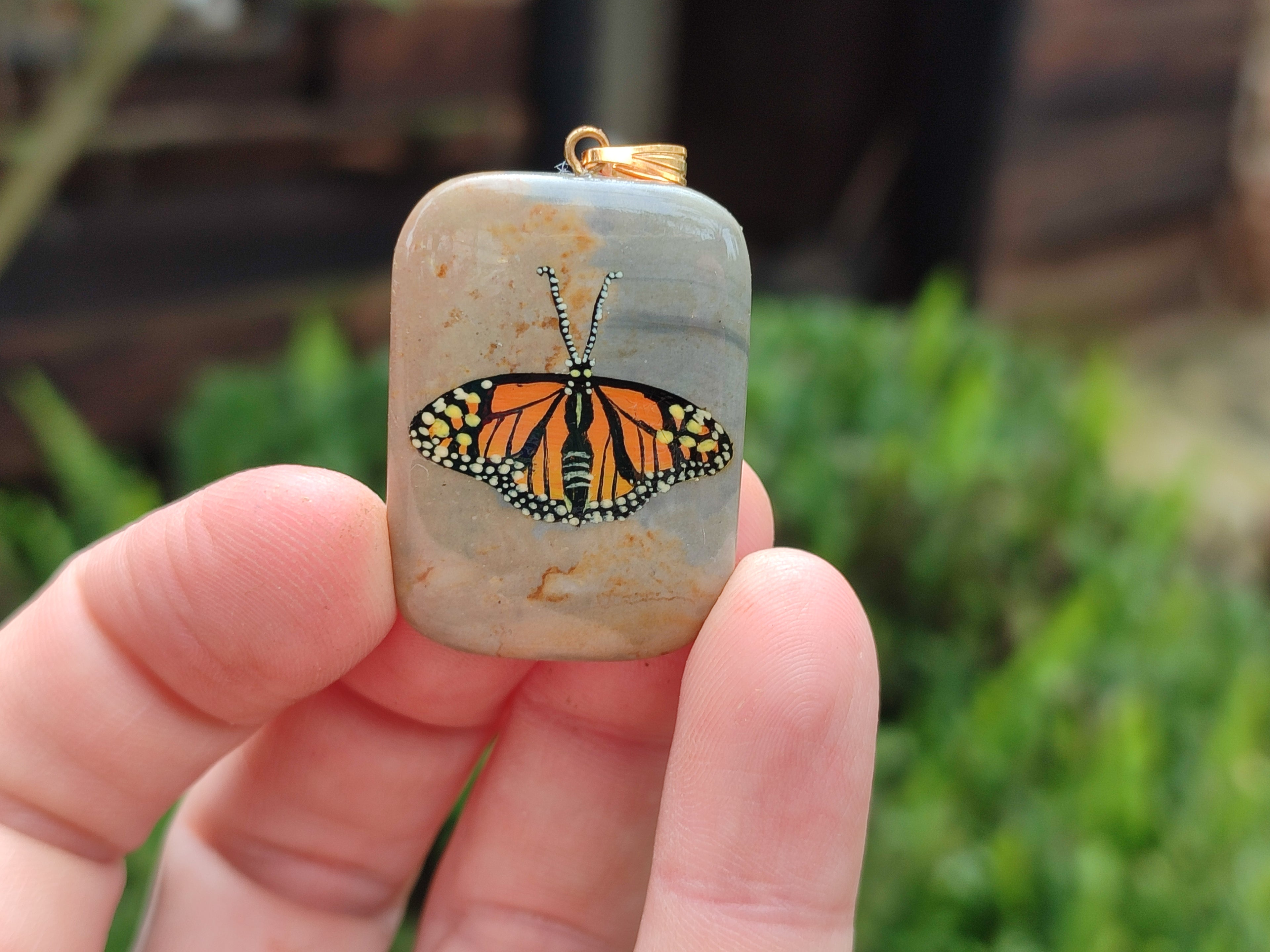 Polished Polychrome Jasper Pendant with Hand Painted Butterflies - sold per item - From Madagascar - Toprock Gemstones and Minerals 